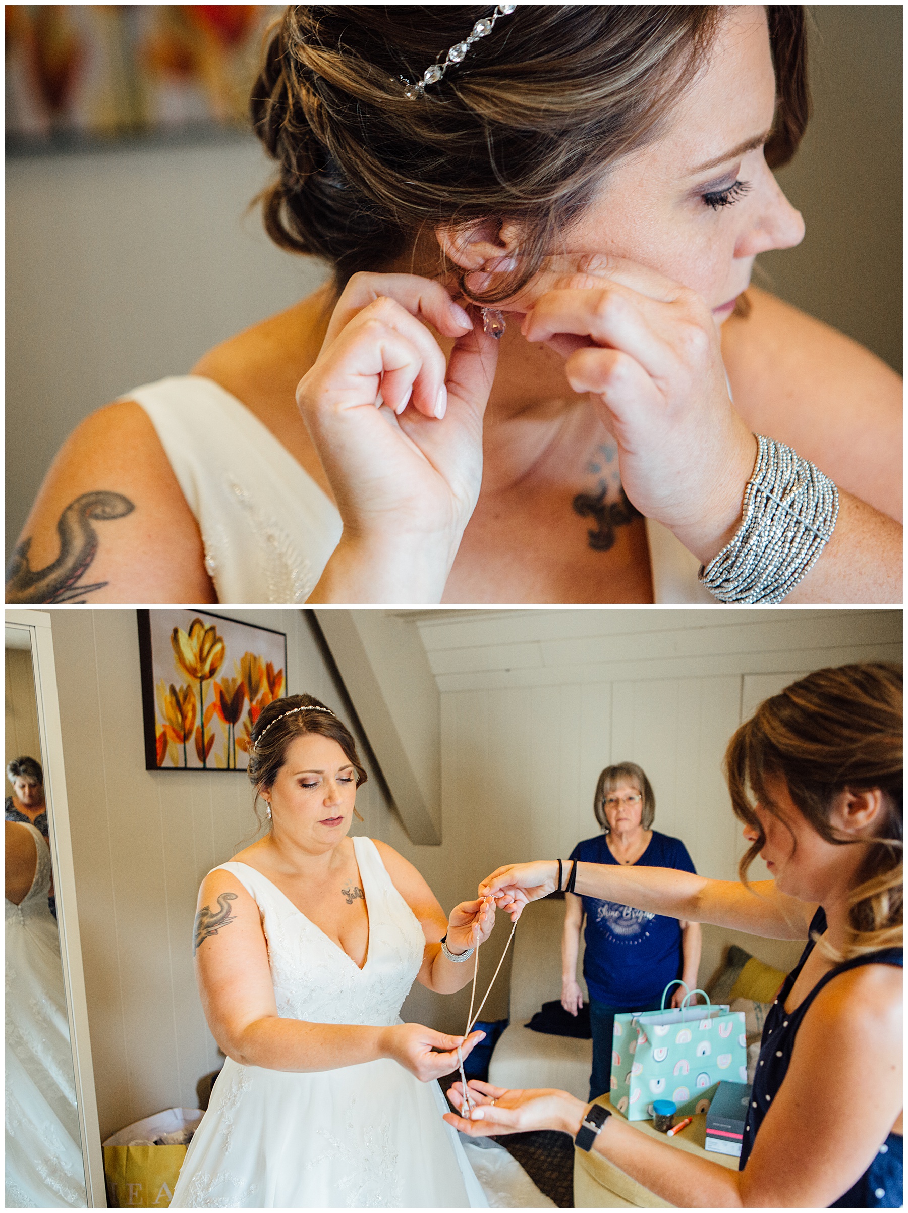 Bride putting on jewelry