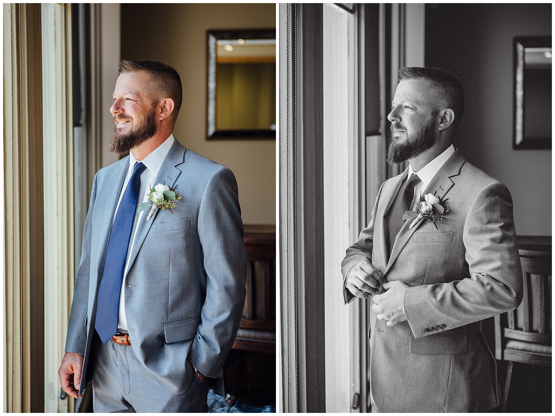 Groom lookin out window