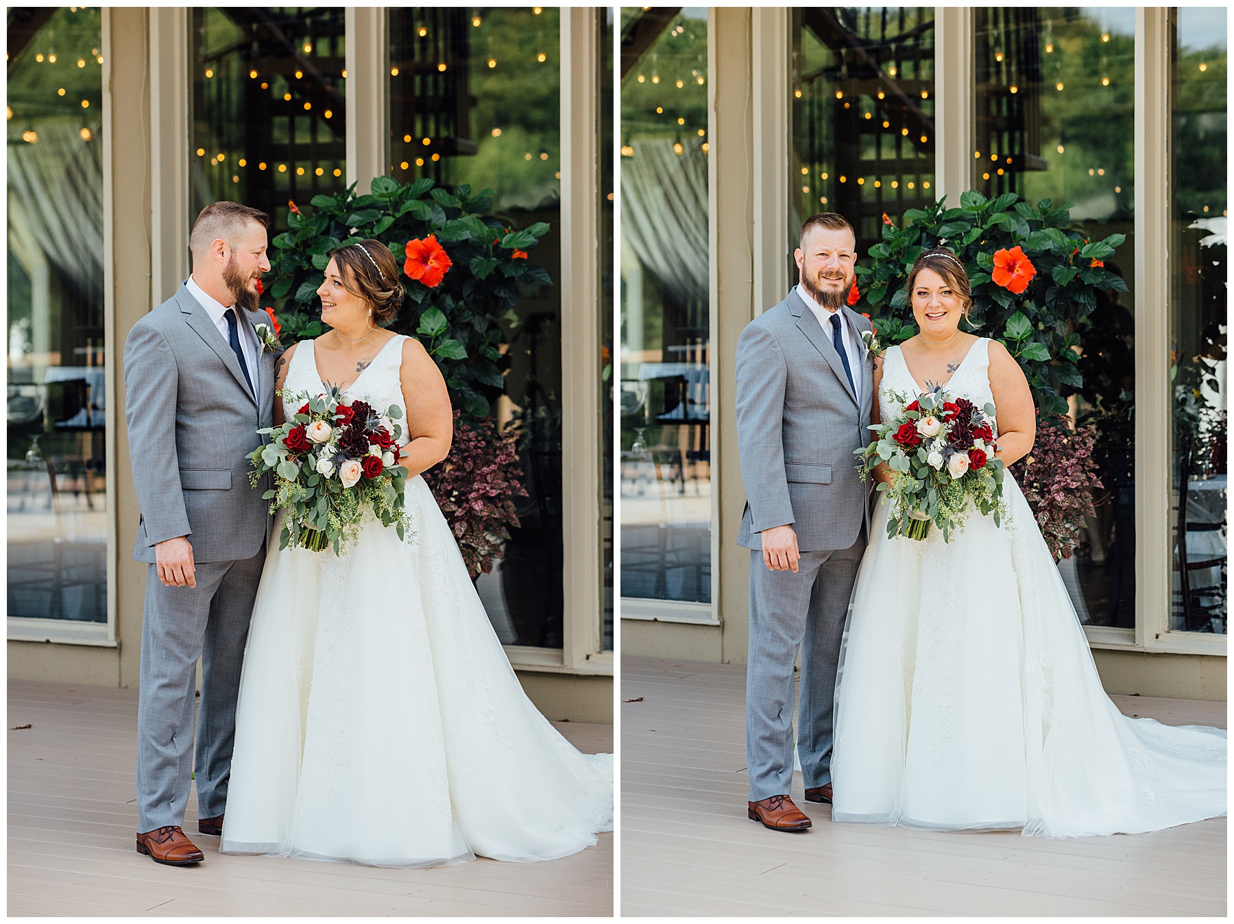 Bride and Groom smiling at photo