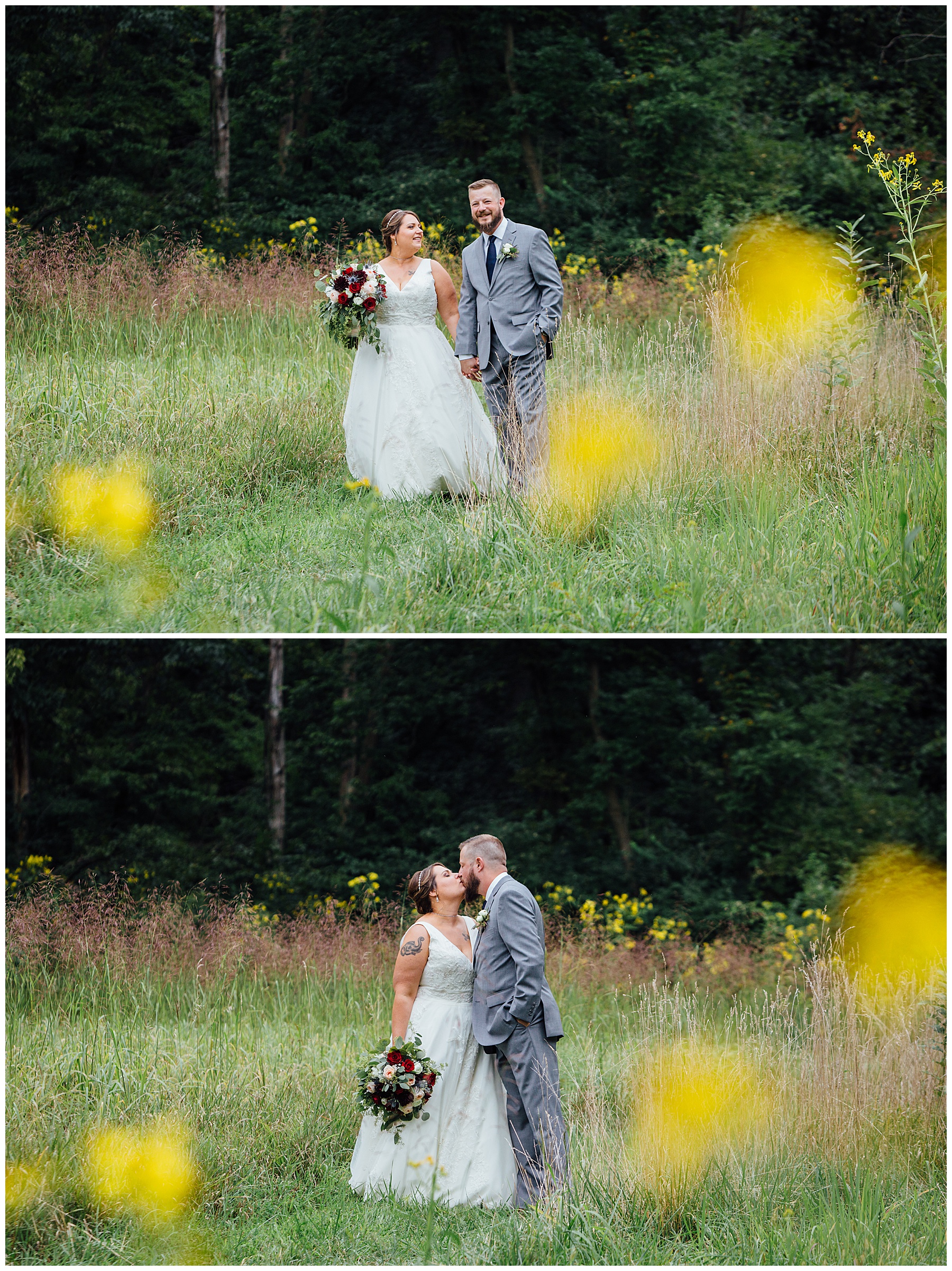 Bride and groom on a path in field