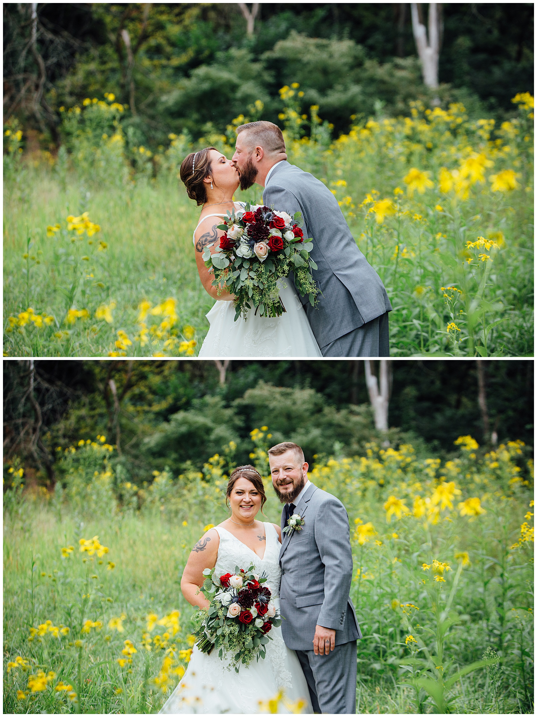 Bride and groom on a path in field