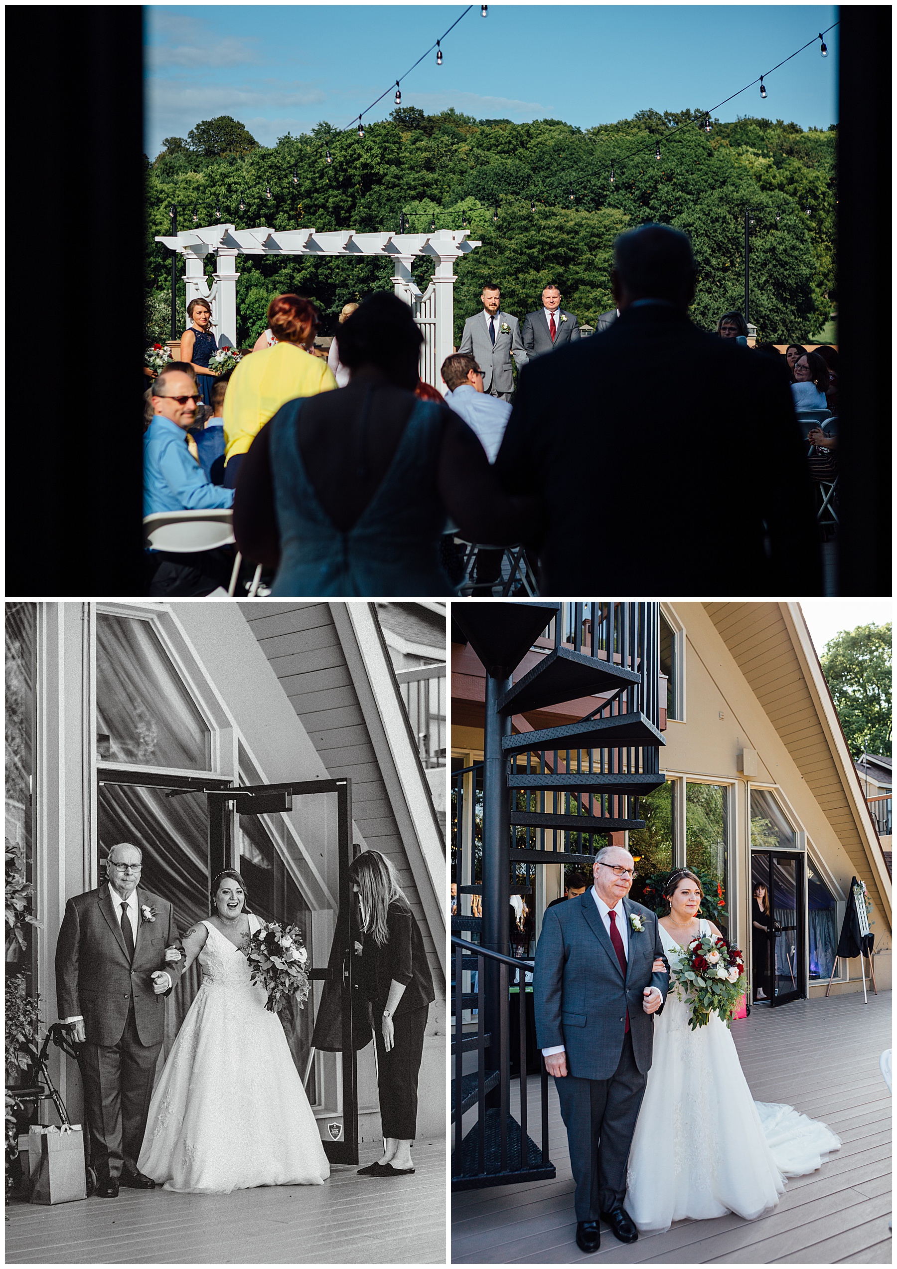 Bride walking down isle at ceremony and groom watching