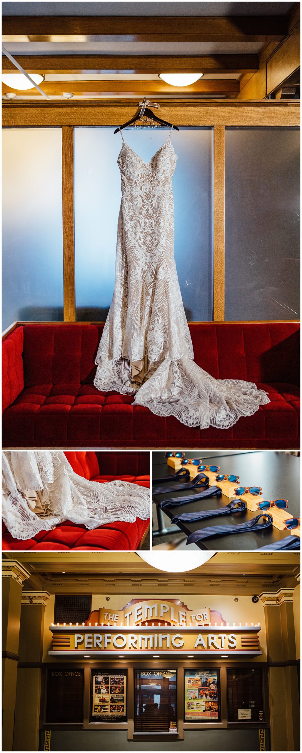 Brides wedding dress at The Temple for Performing Arts wedding photos