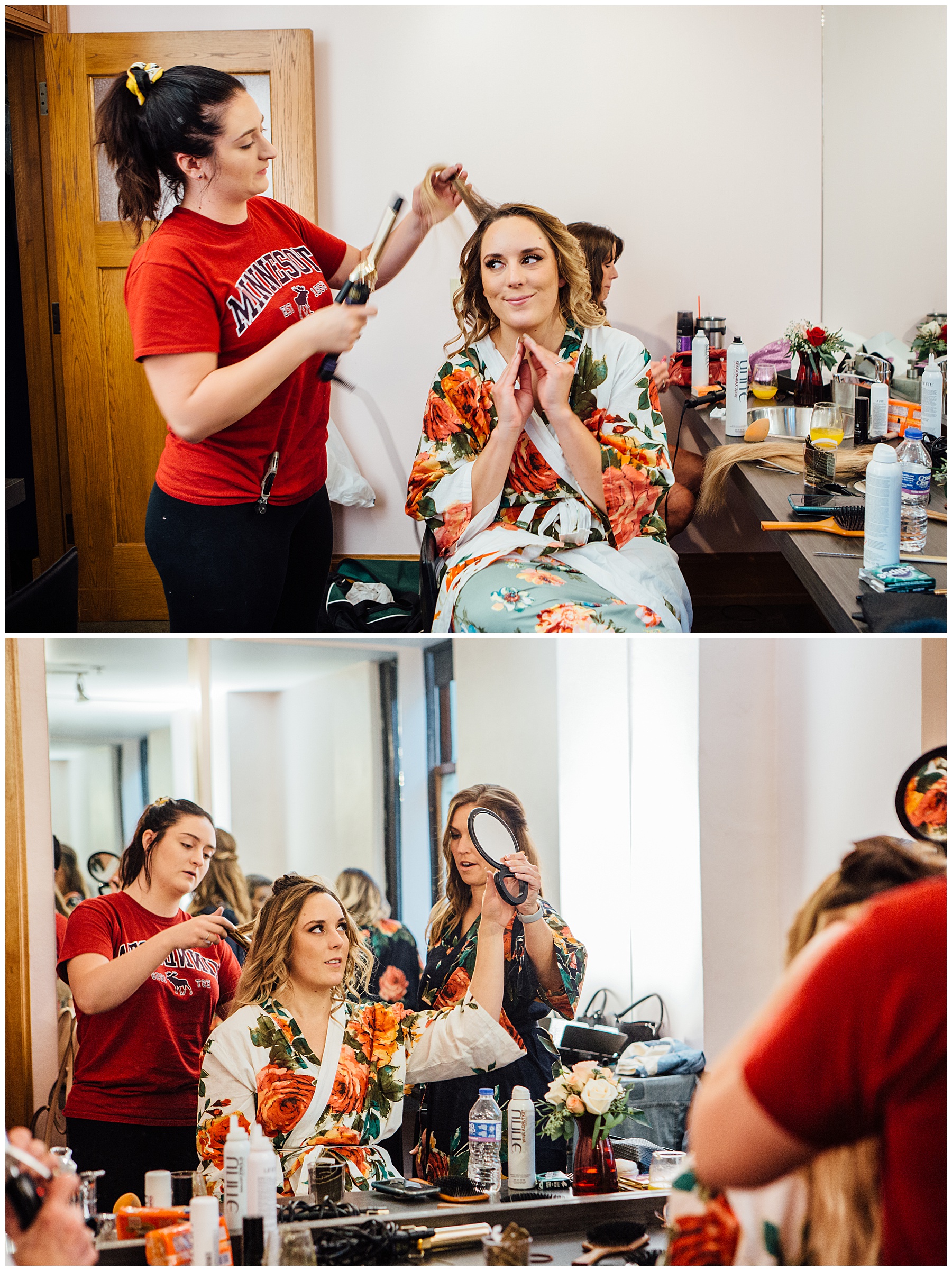 Bride getting hair done at The Temple for Performing Arts wedding photos