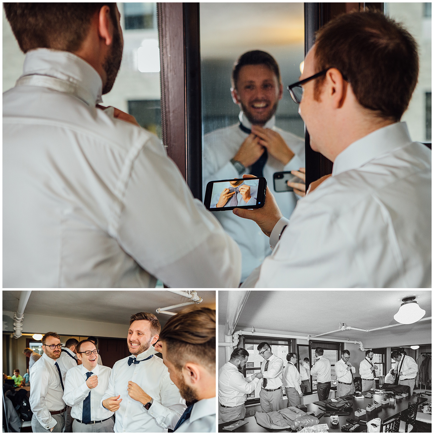 Guys getting ready at The Temple for Performing Arts wedding photos