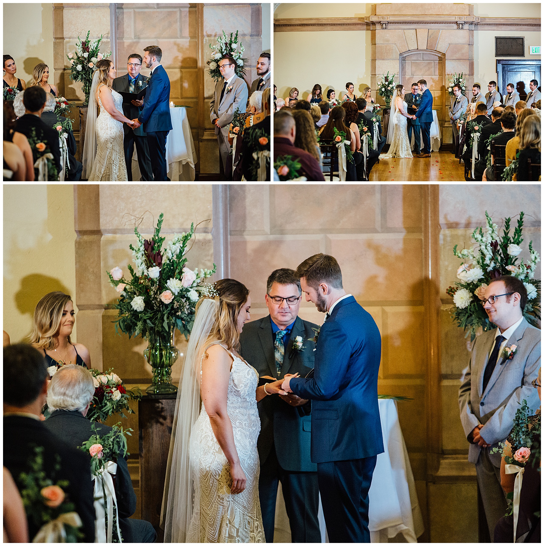 Bride and groom putting rings on