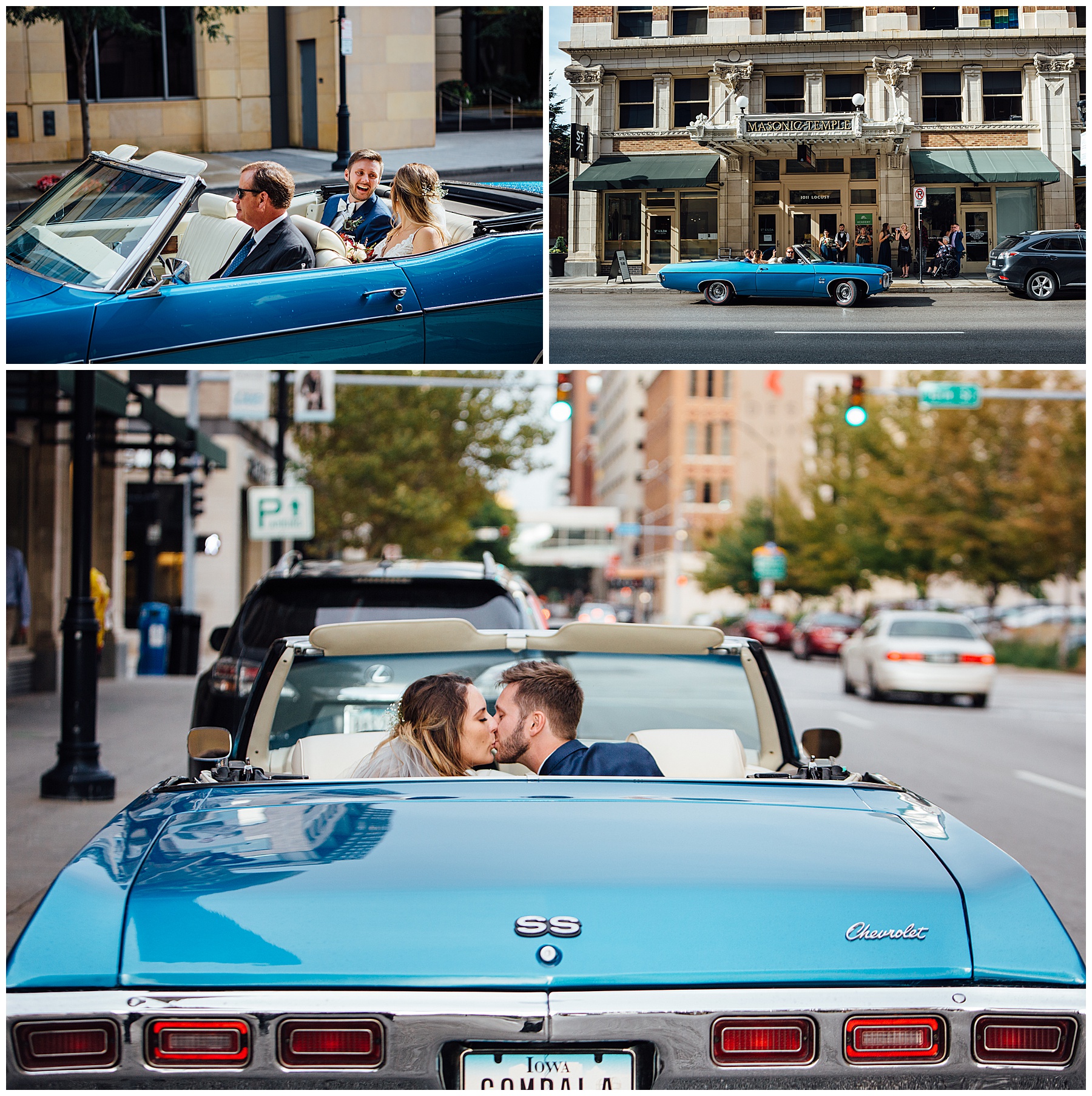 Bride and groom leaving in classic car