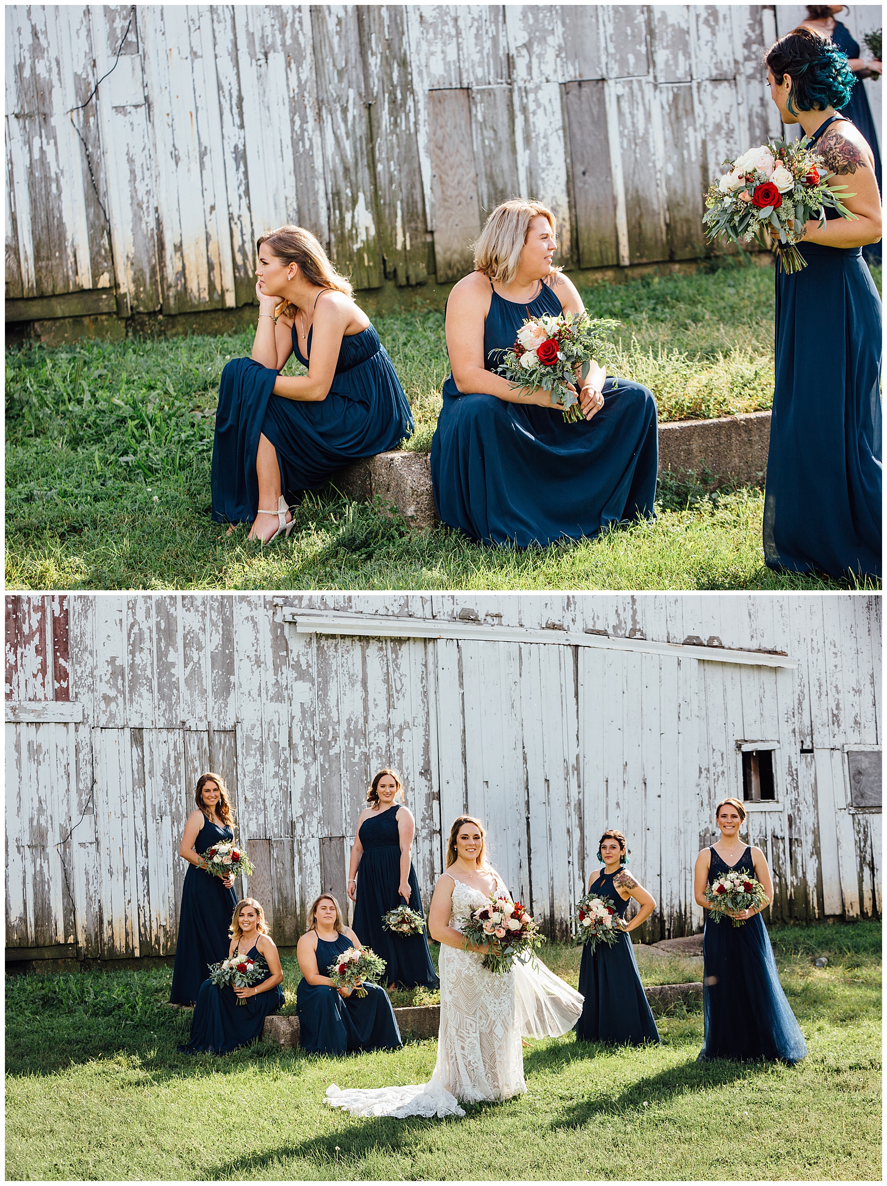 Bride with Bridesmaids infant of barn