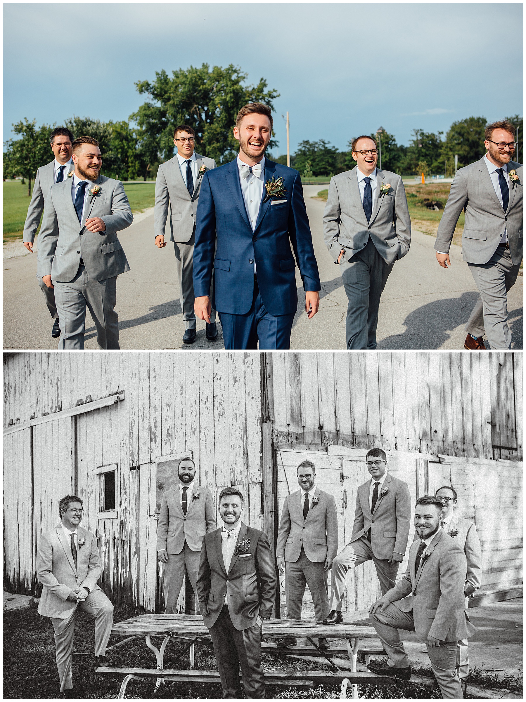 Groom with groomsmen infront of barn