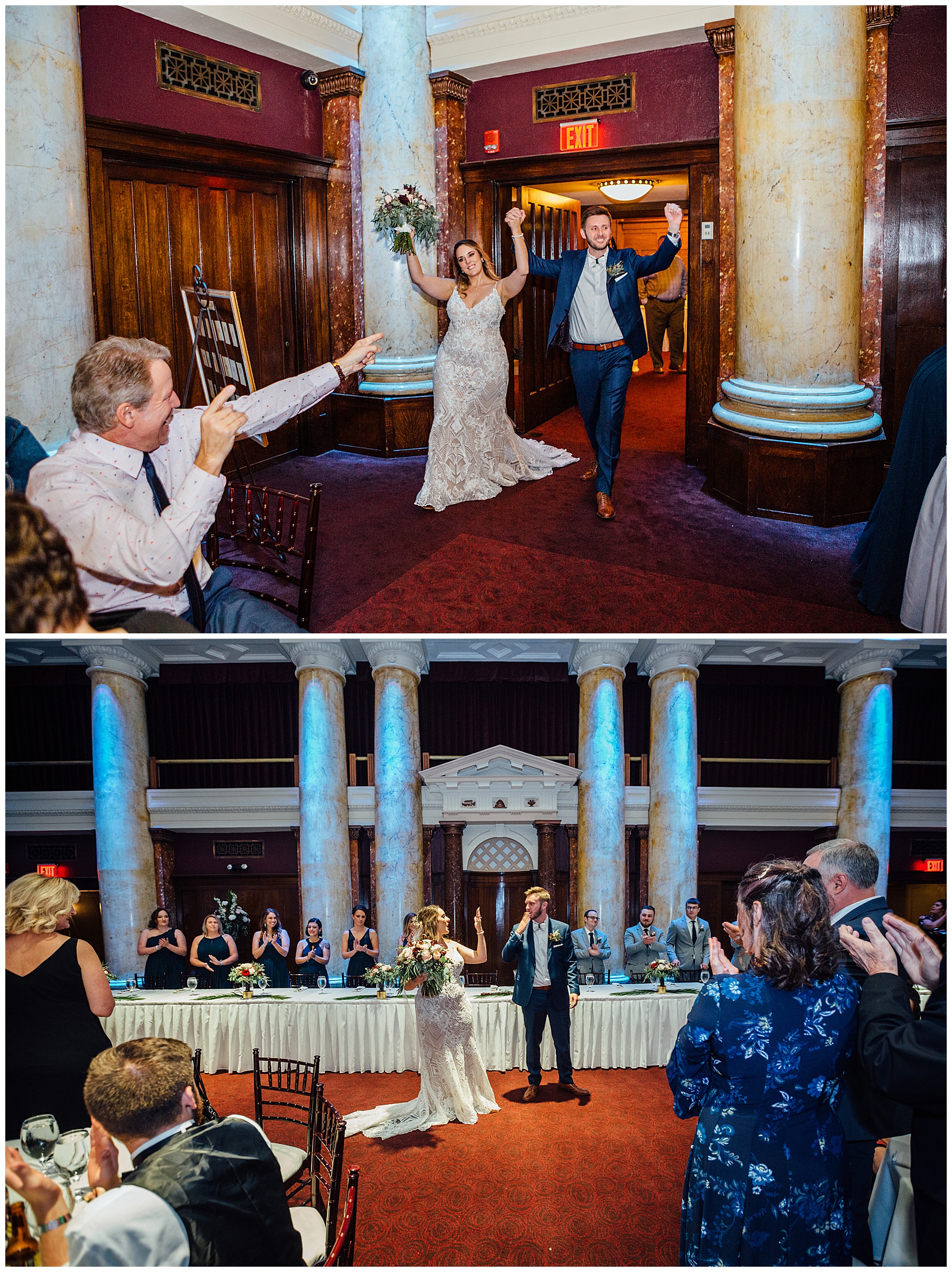 Bride and groom celebrating at The Temple for Performing Arts wedding photos