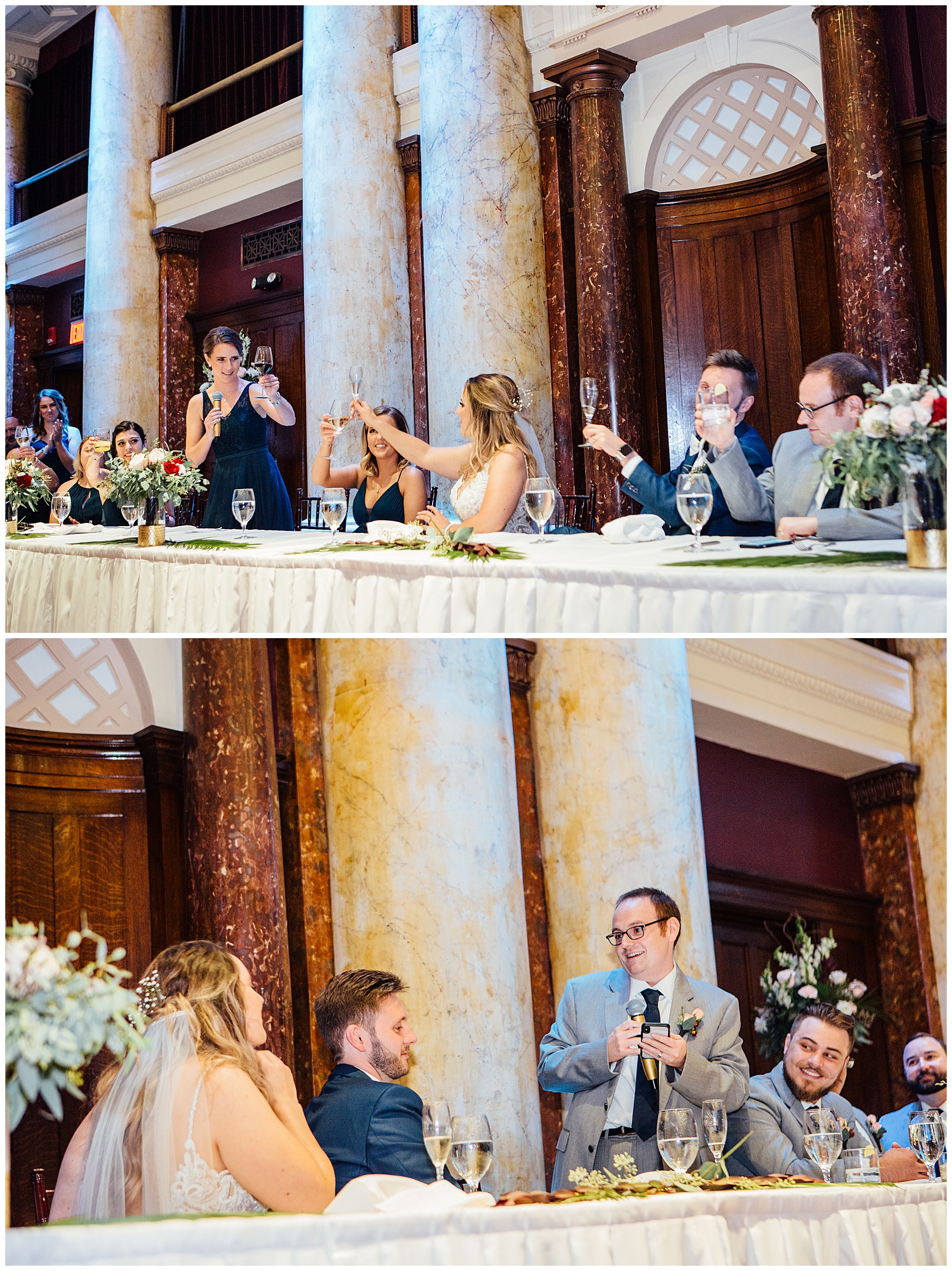 Toasts during reception at The Temple for Performing Arts wedding photos