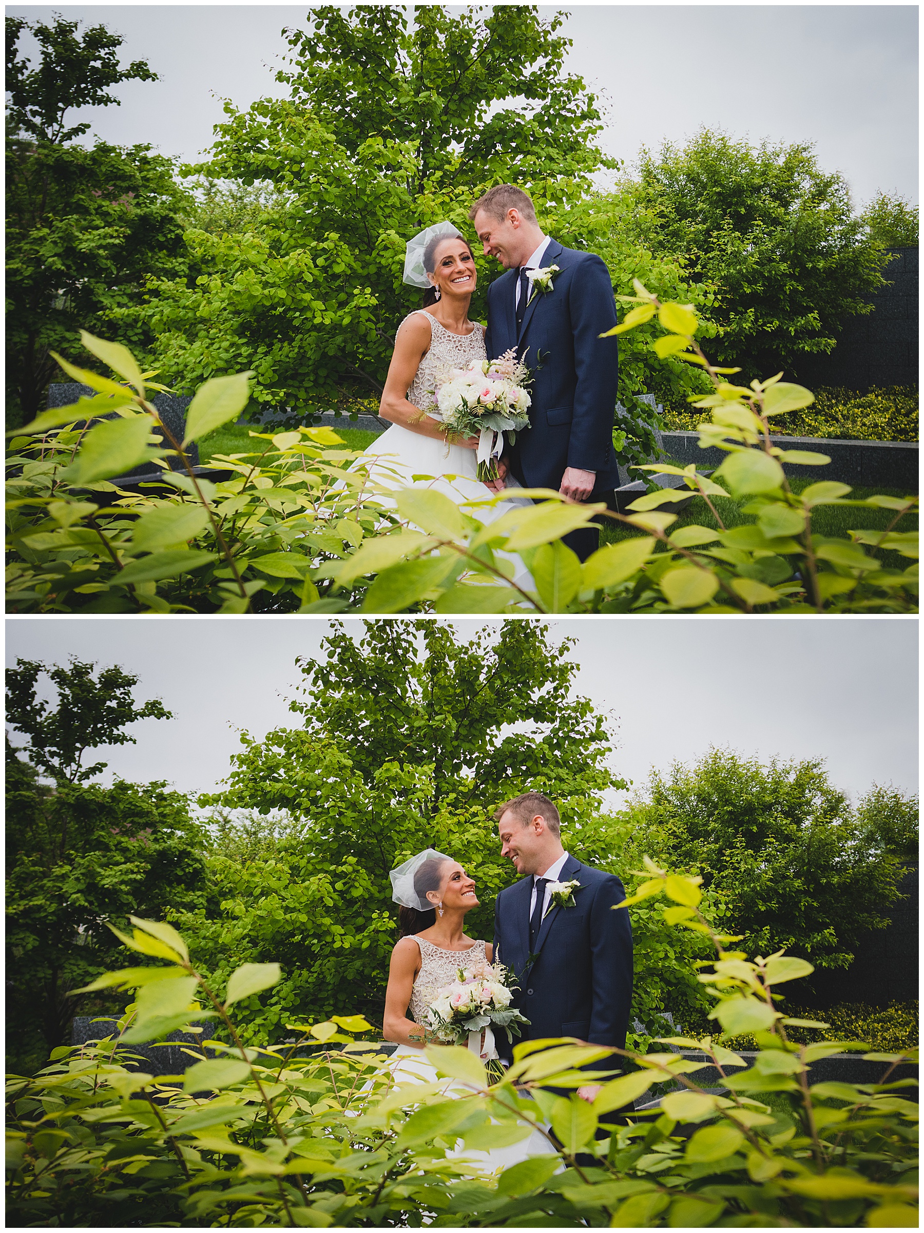 Bride and groom with green plants and Trees