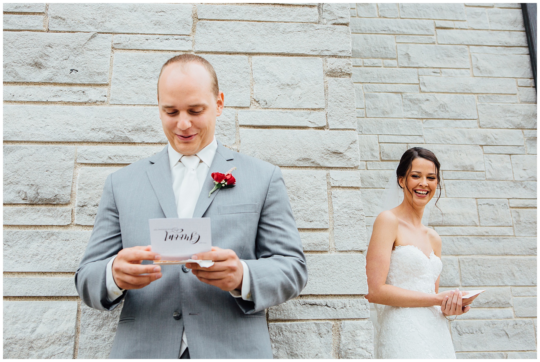 Groom reading letter and Bride laughing