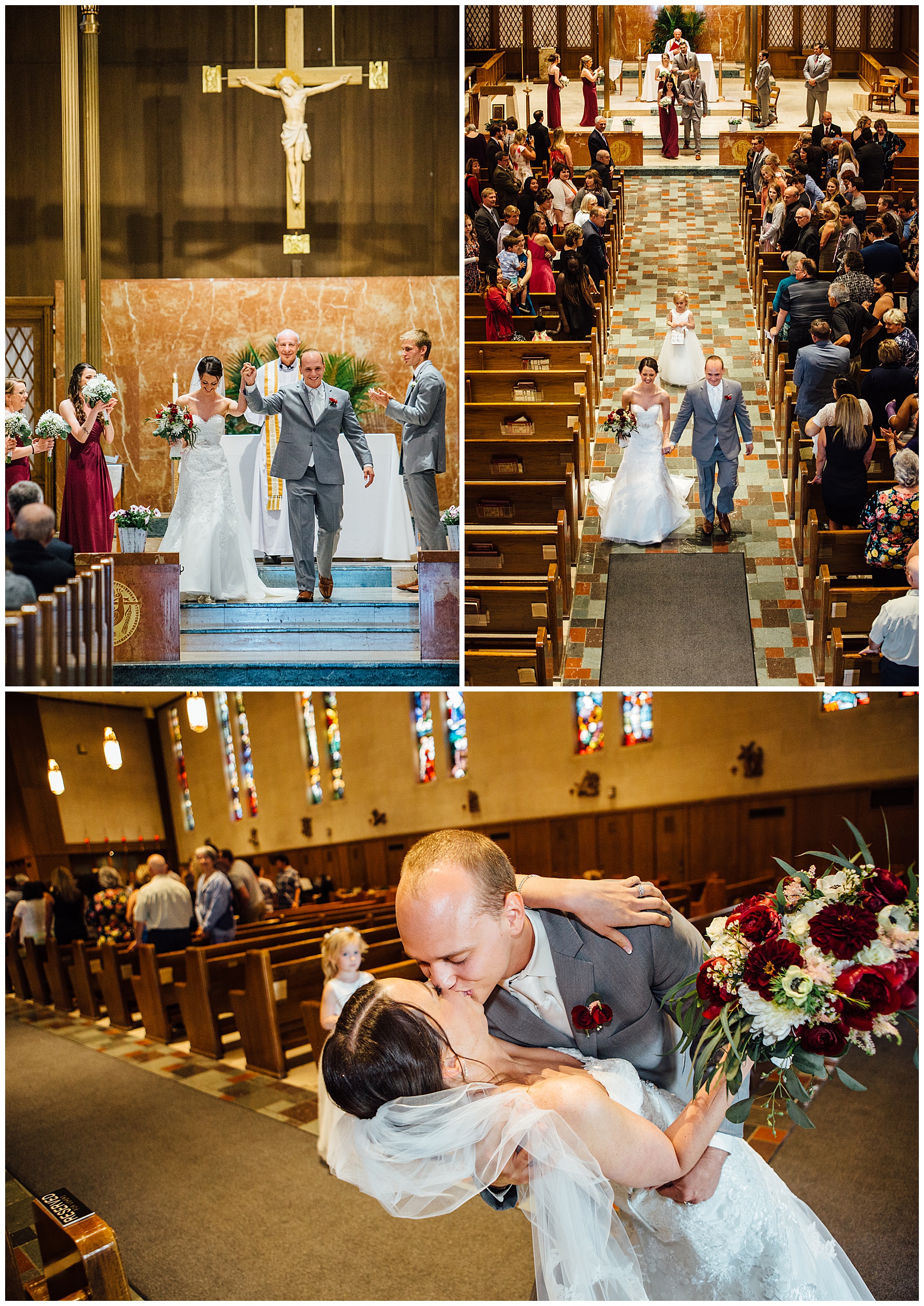 Bride and groom leaving wedding at Holy Cross Catholic Church Omaha