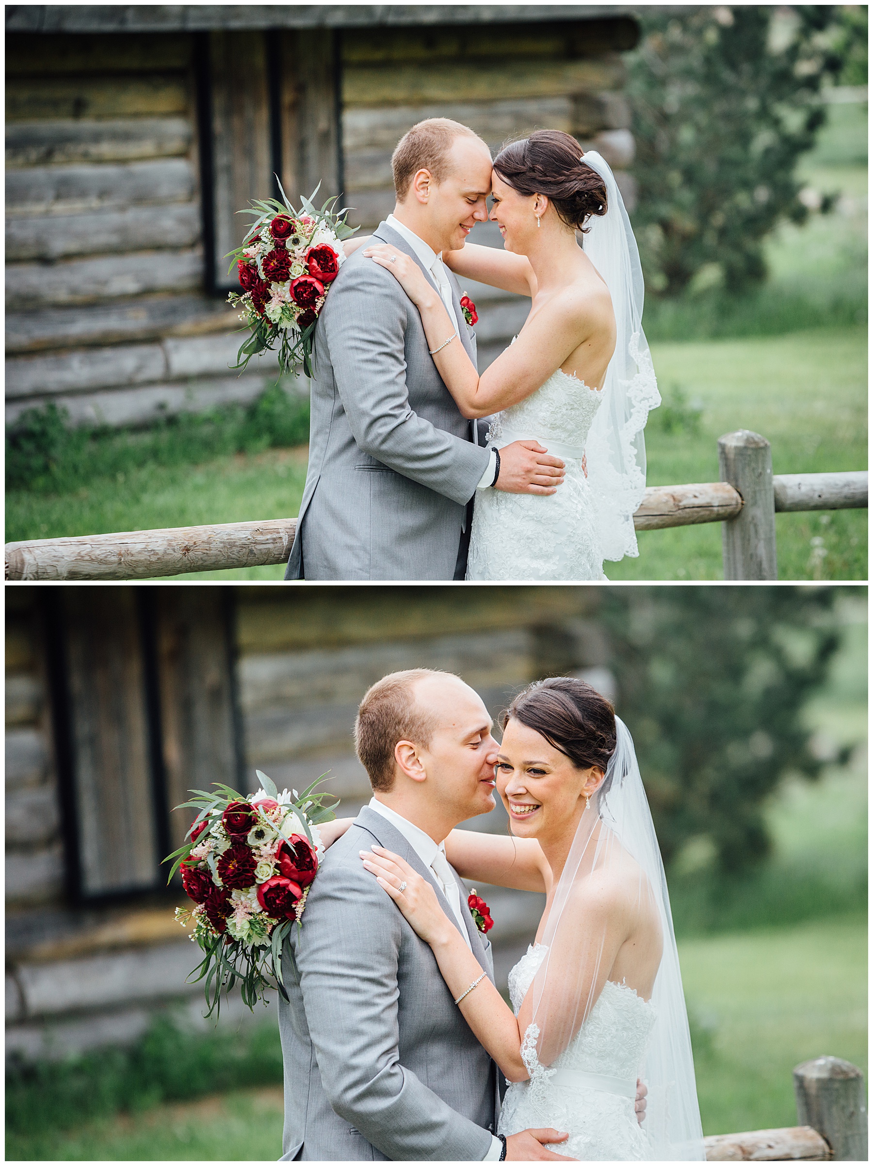 Bride and groom together in front of log cabin