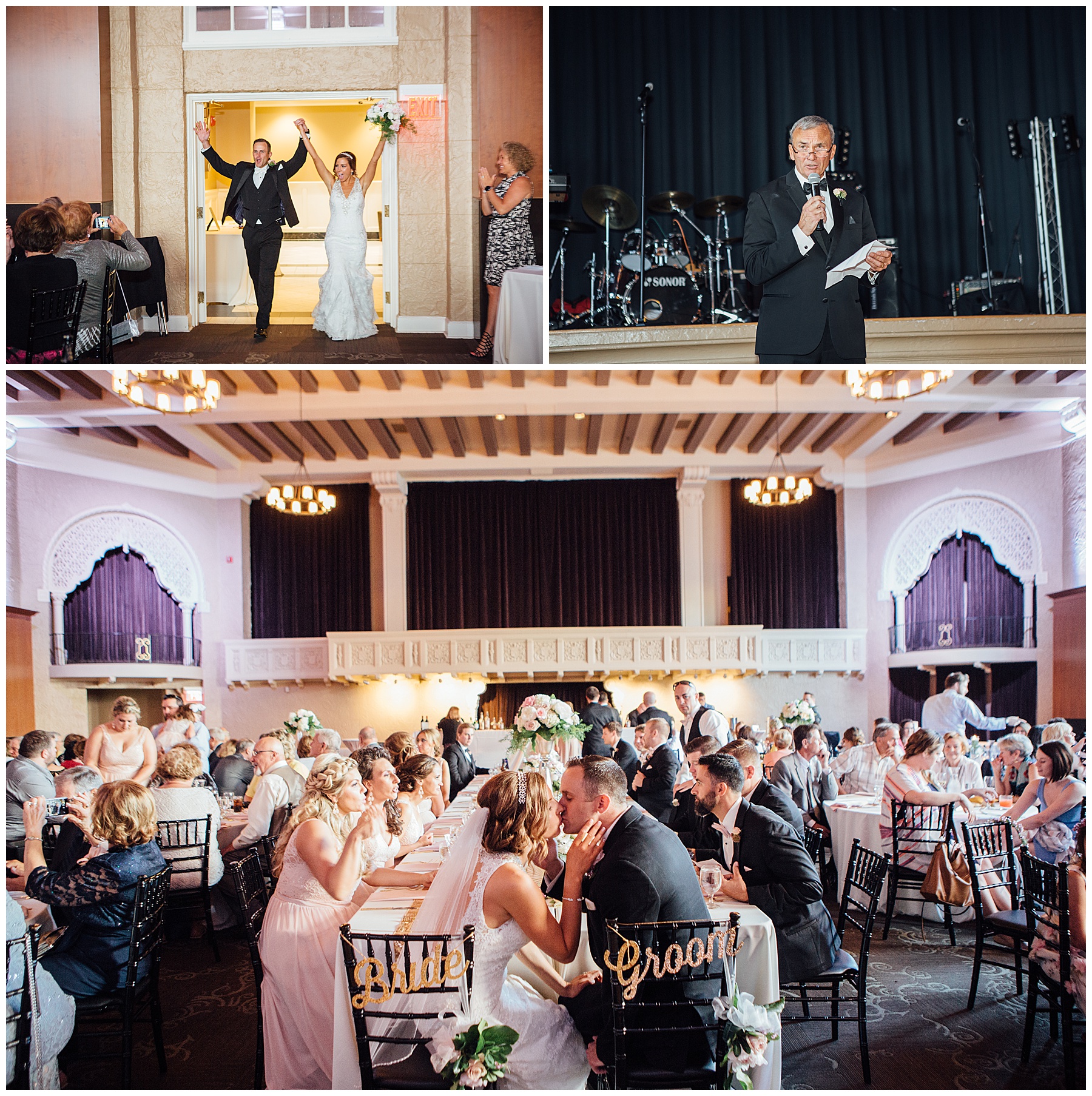 Bride and groom walking into wedding reception