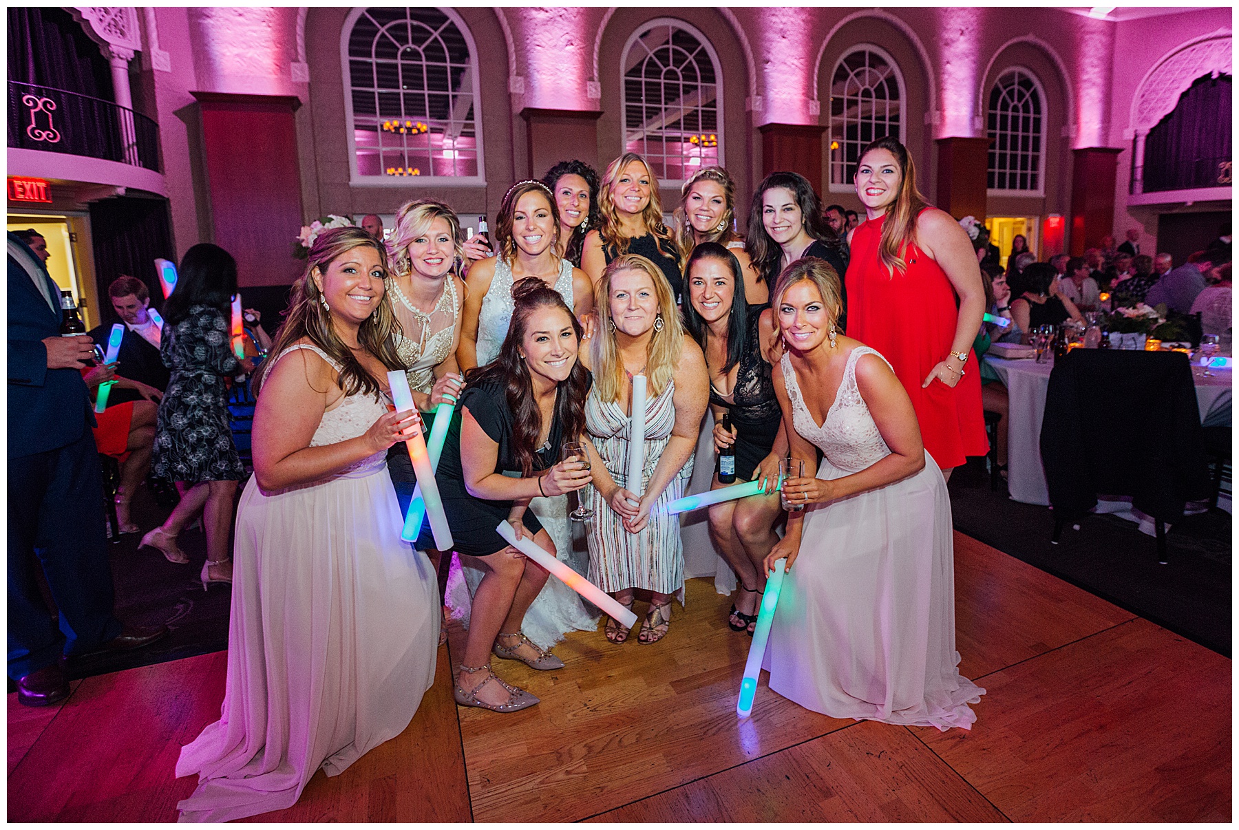 Bride with college friends at Scoular Ballroom wedding reception