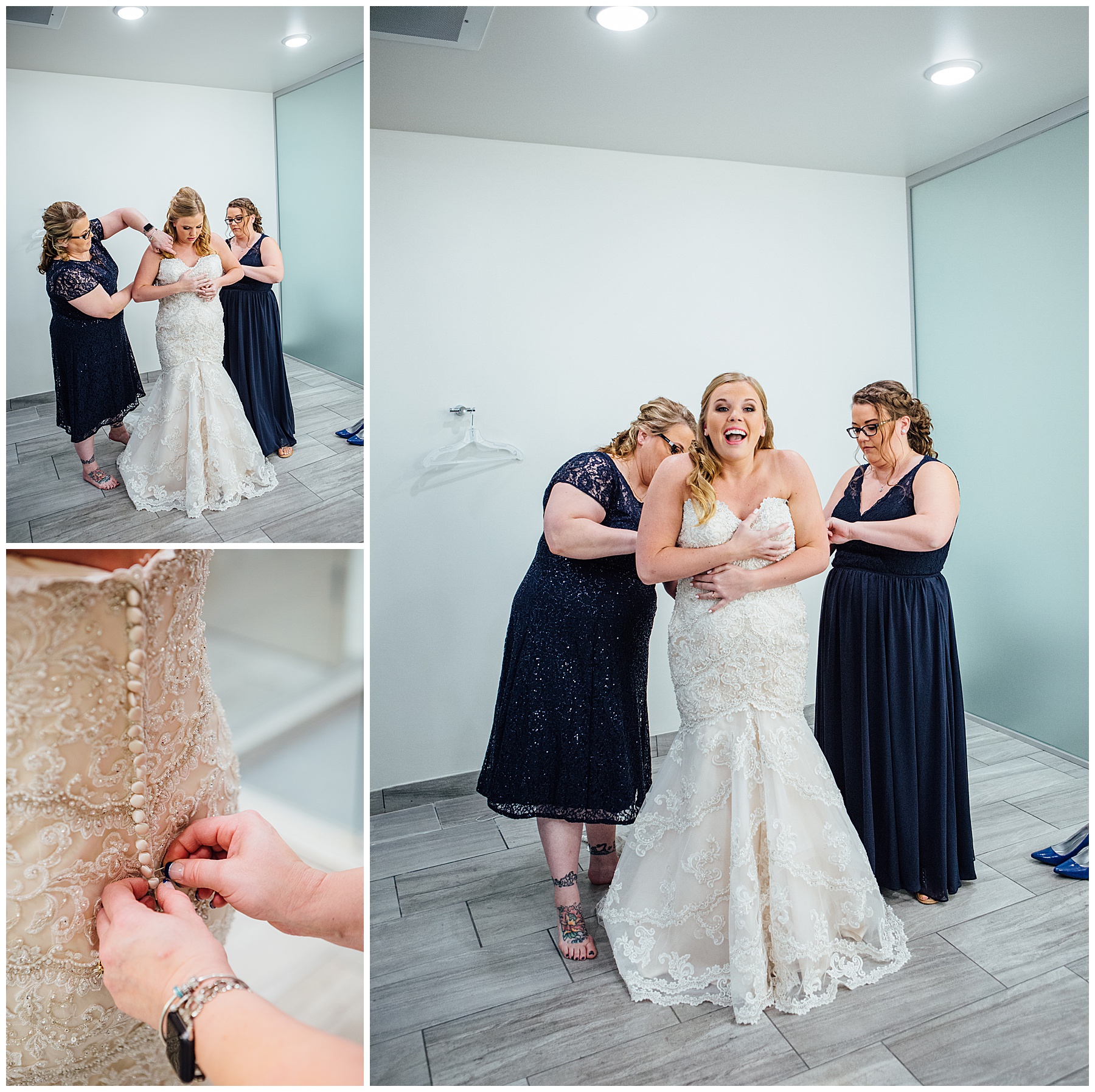 bride getting dress on at simply ballroom