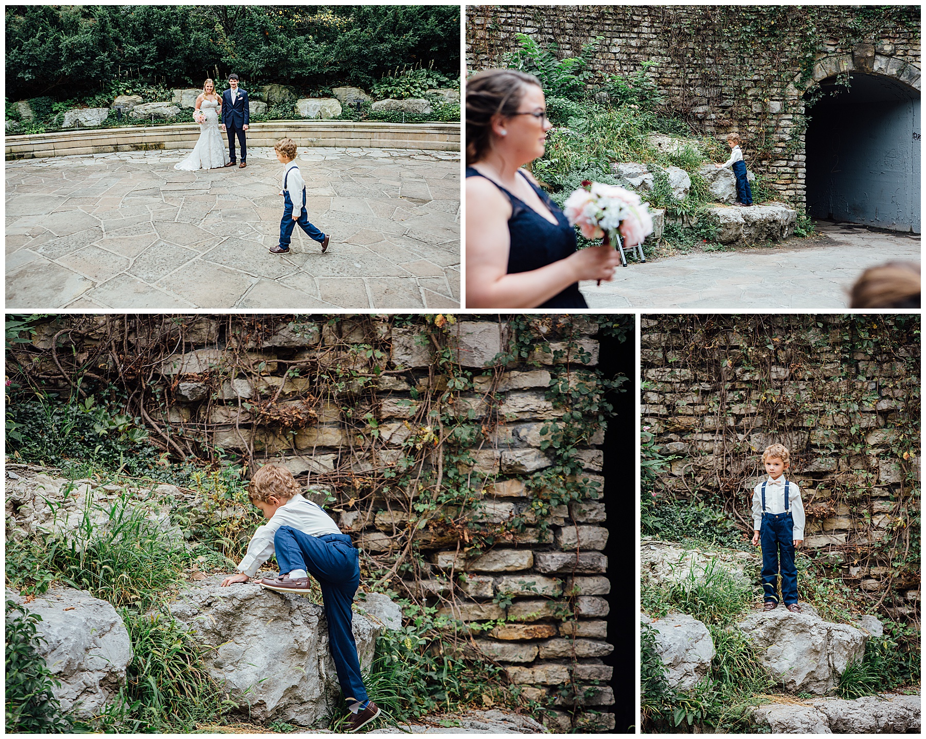 Boy climbing rocks before ceremony