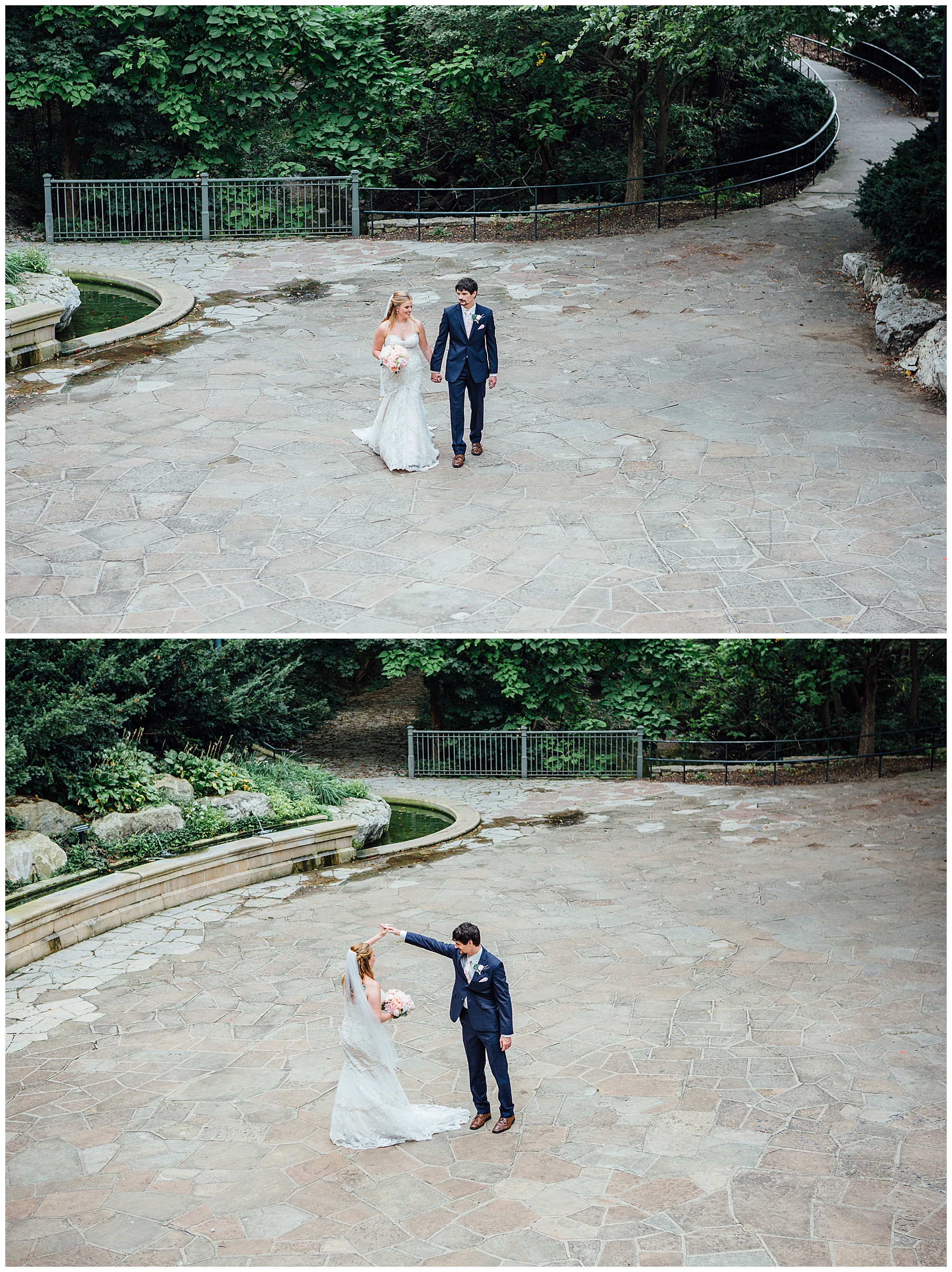 Bride and groom walking at simply ballroom