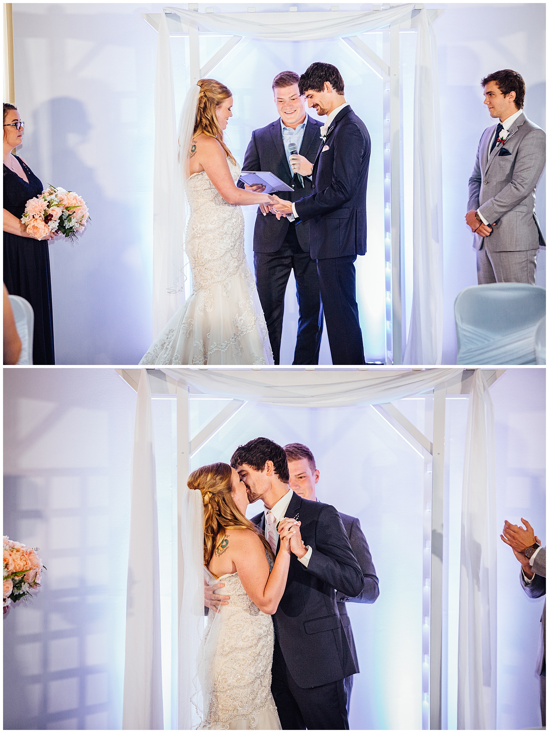 Bride and Groom putting rings on and kissing at Simply Ballroom wedding photos