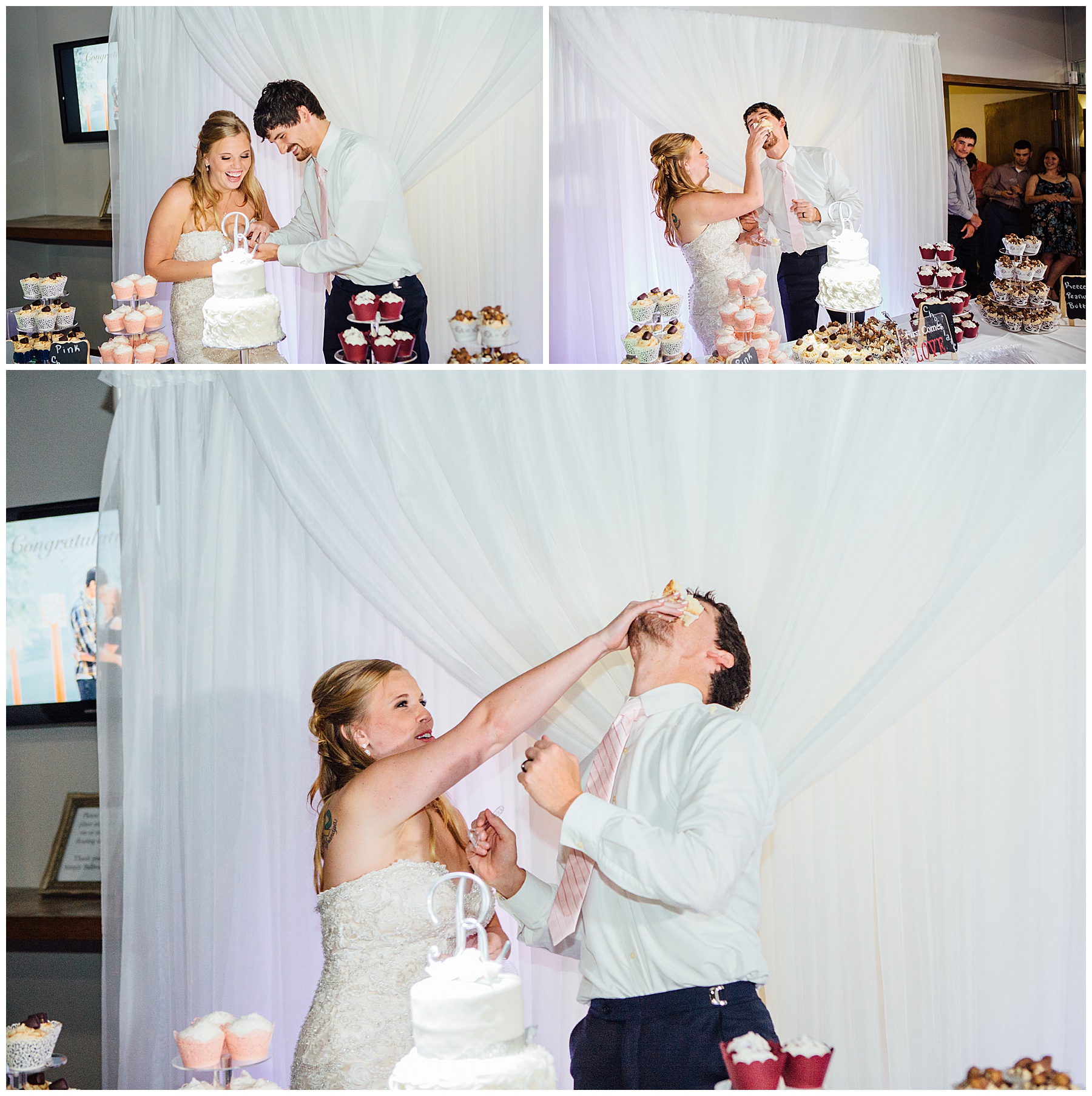 Bride and groom cutting cake at Simply Ballroom wedding photos