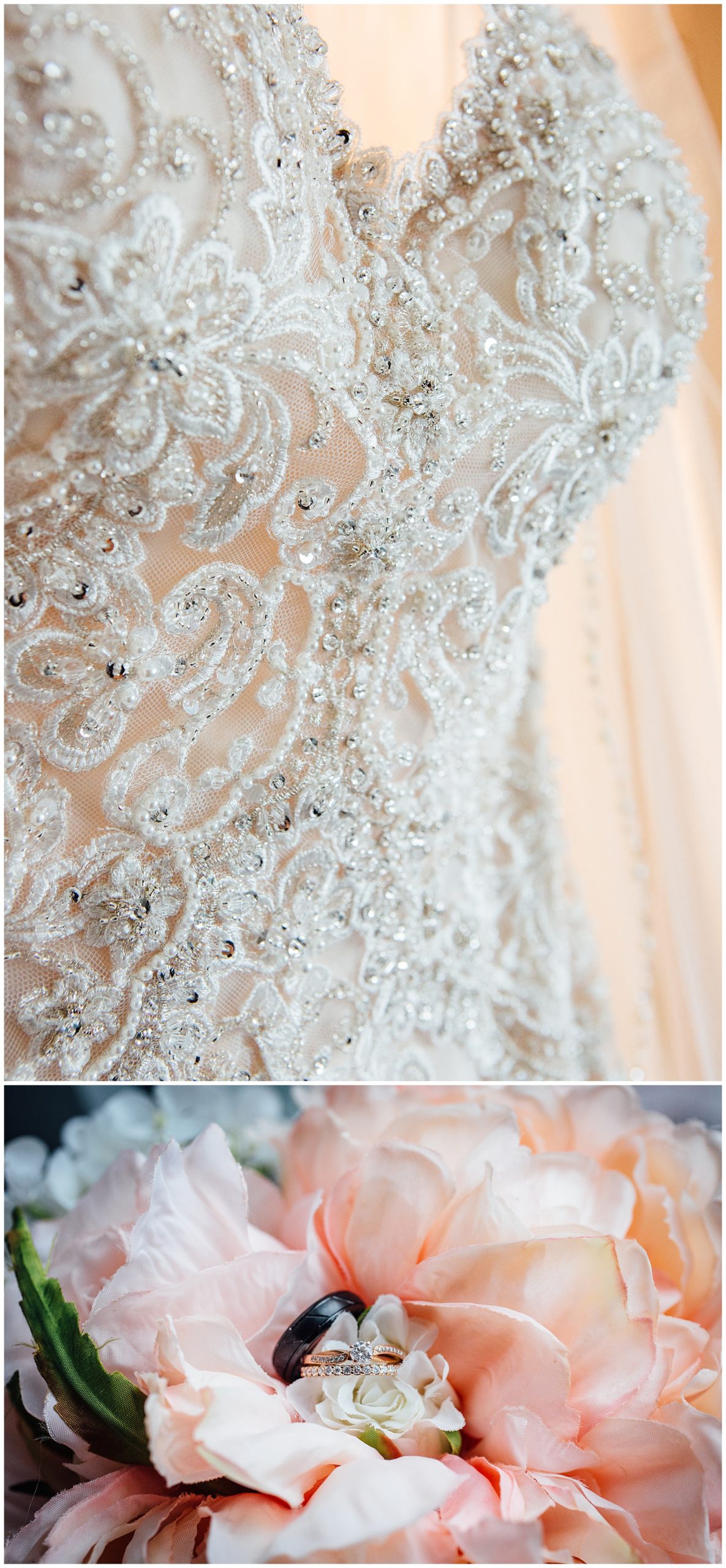 Detail photo of wedding dress and ring 