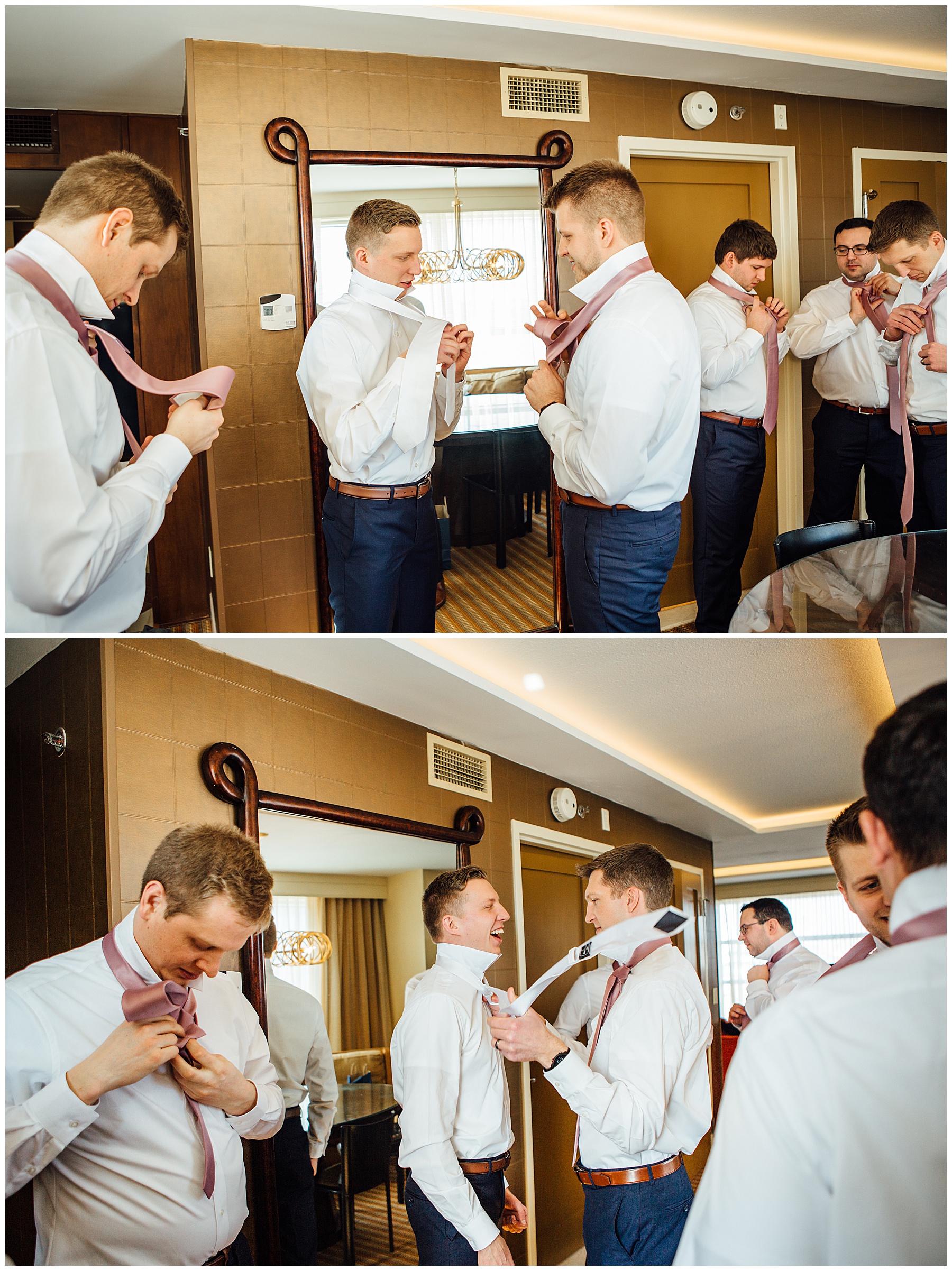 Best man help groom with tie