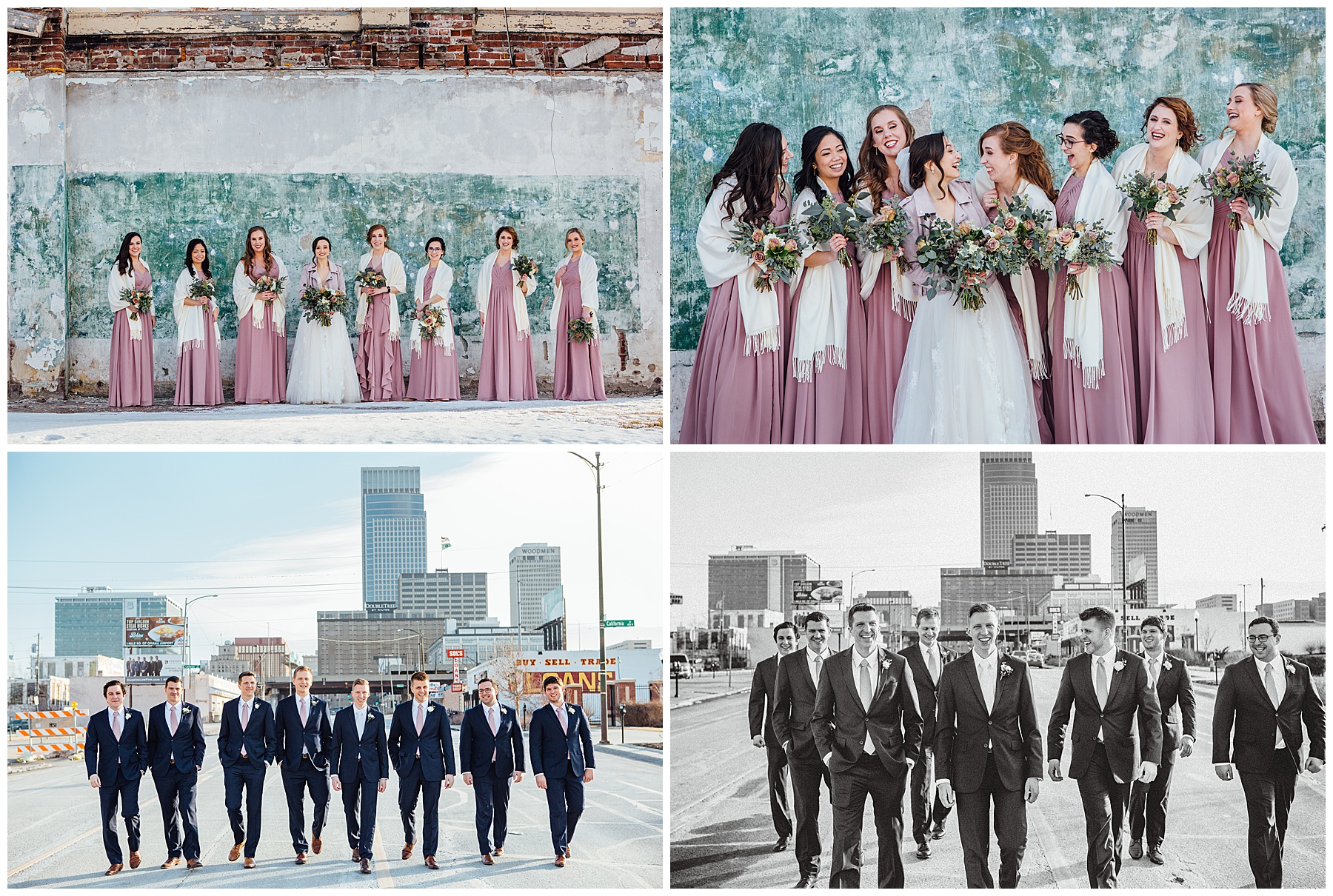 Brides pictures with bridesmaids and Groom with Groomsmen