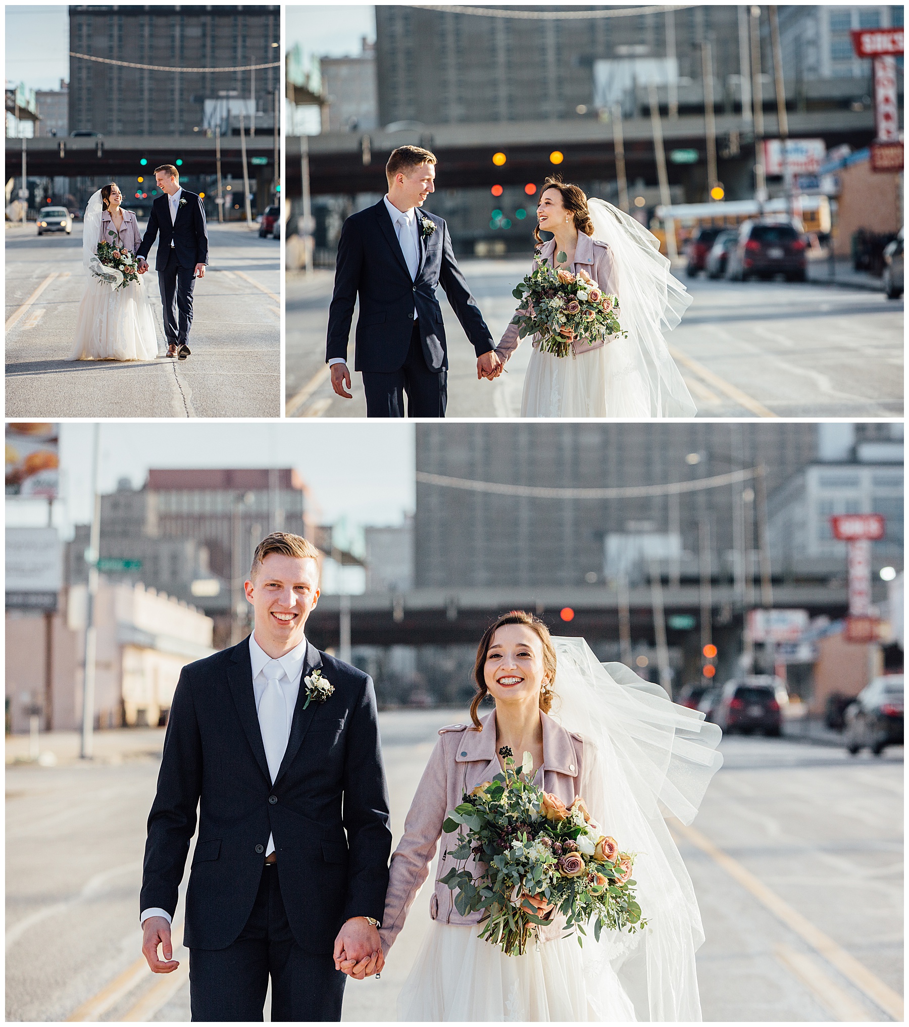 Bride and Groom walking on street in downtown omaha