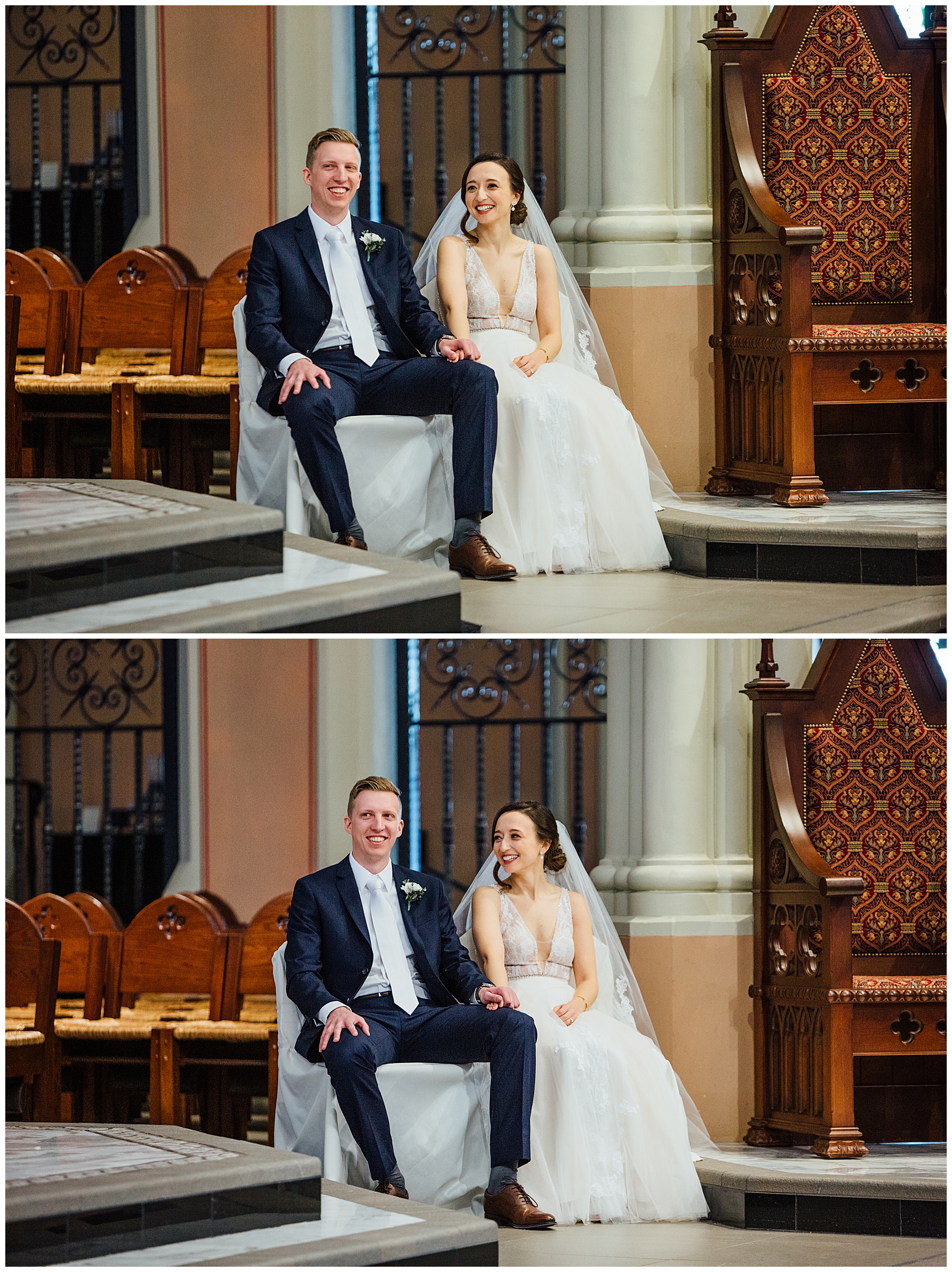 Bride and groom laughing during wedding at St. Catholic Church