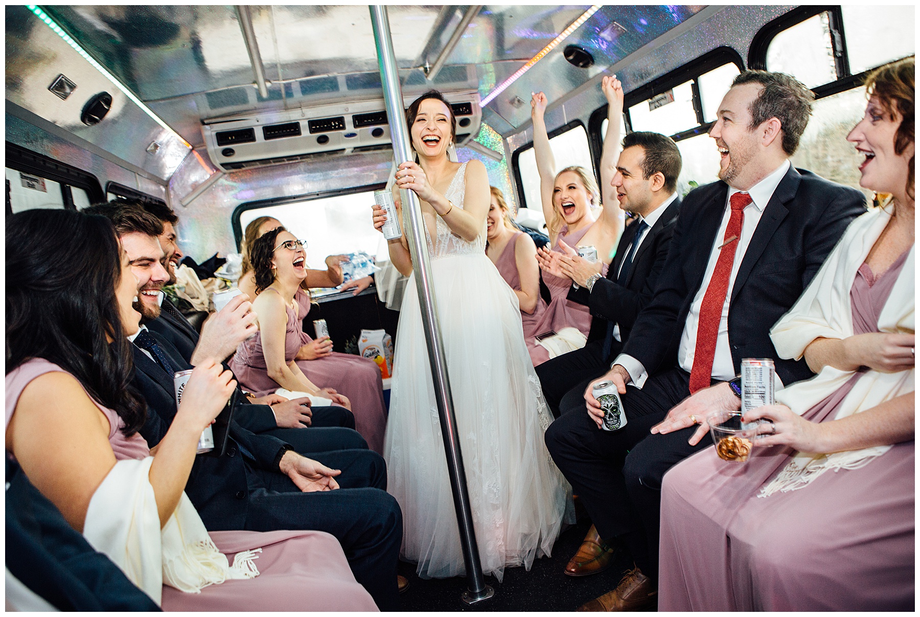 Bride on party bus with wedding party