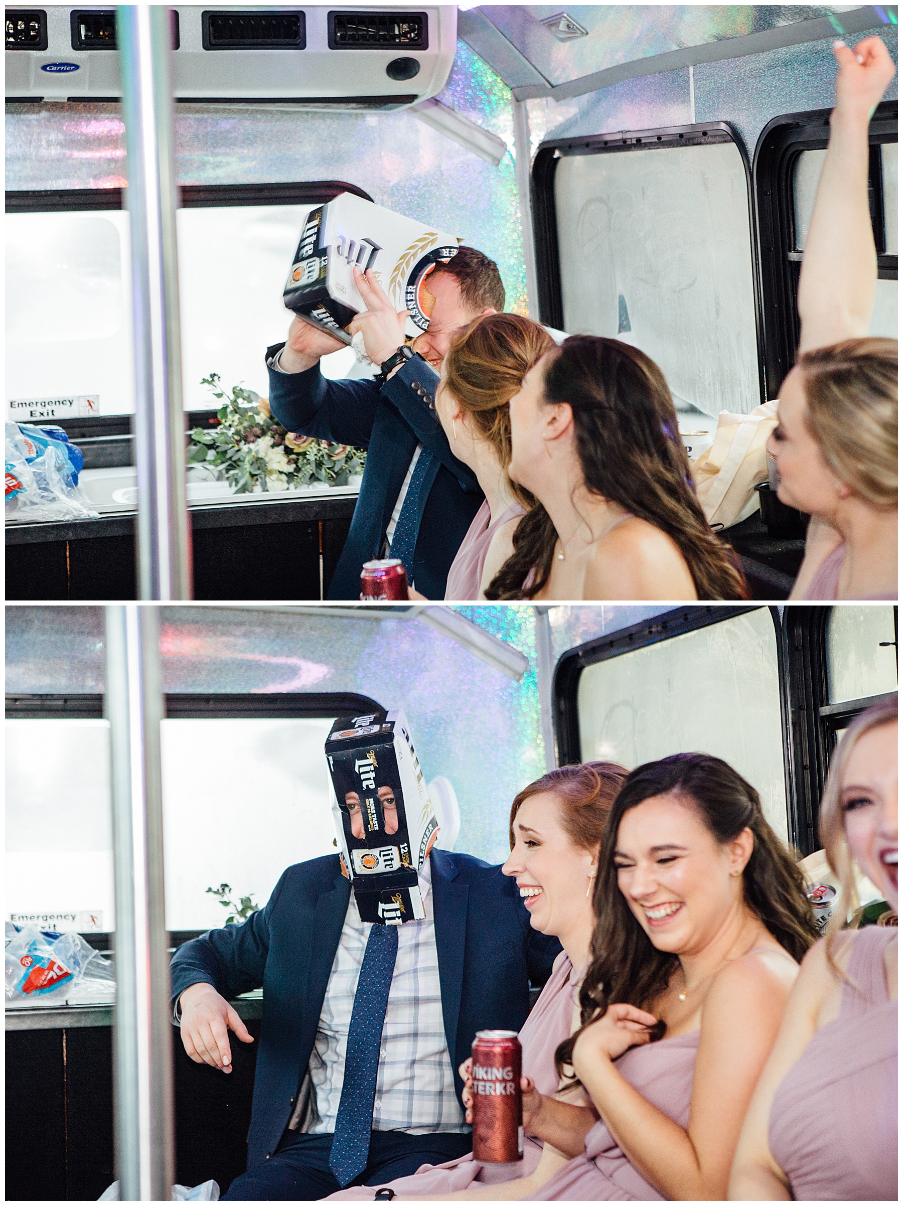 Photojournalism picture of guest putting box on head