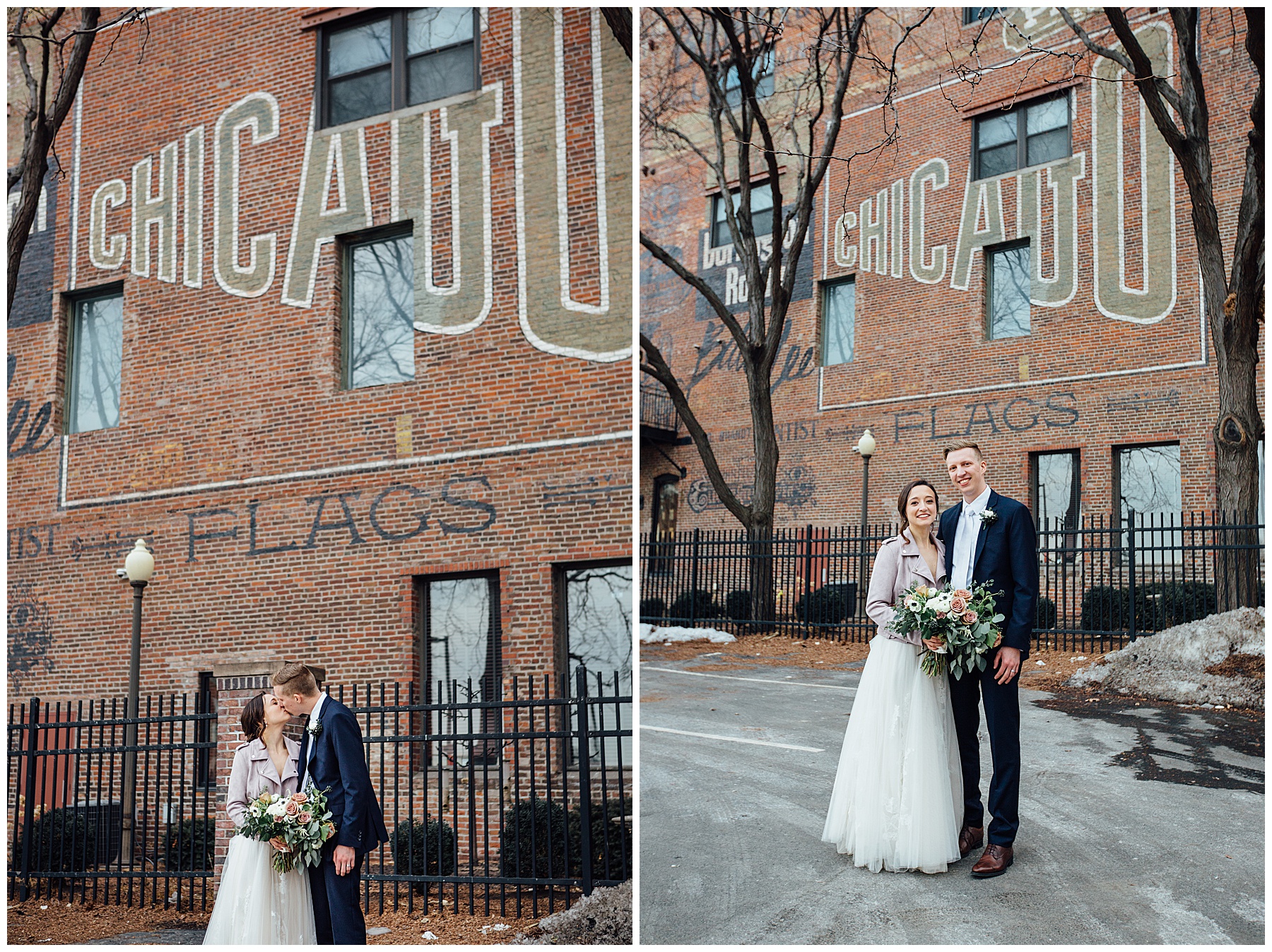 Bride and groom standing infront of Chicago wall