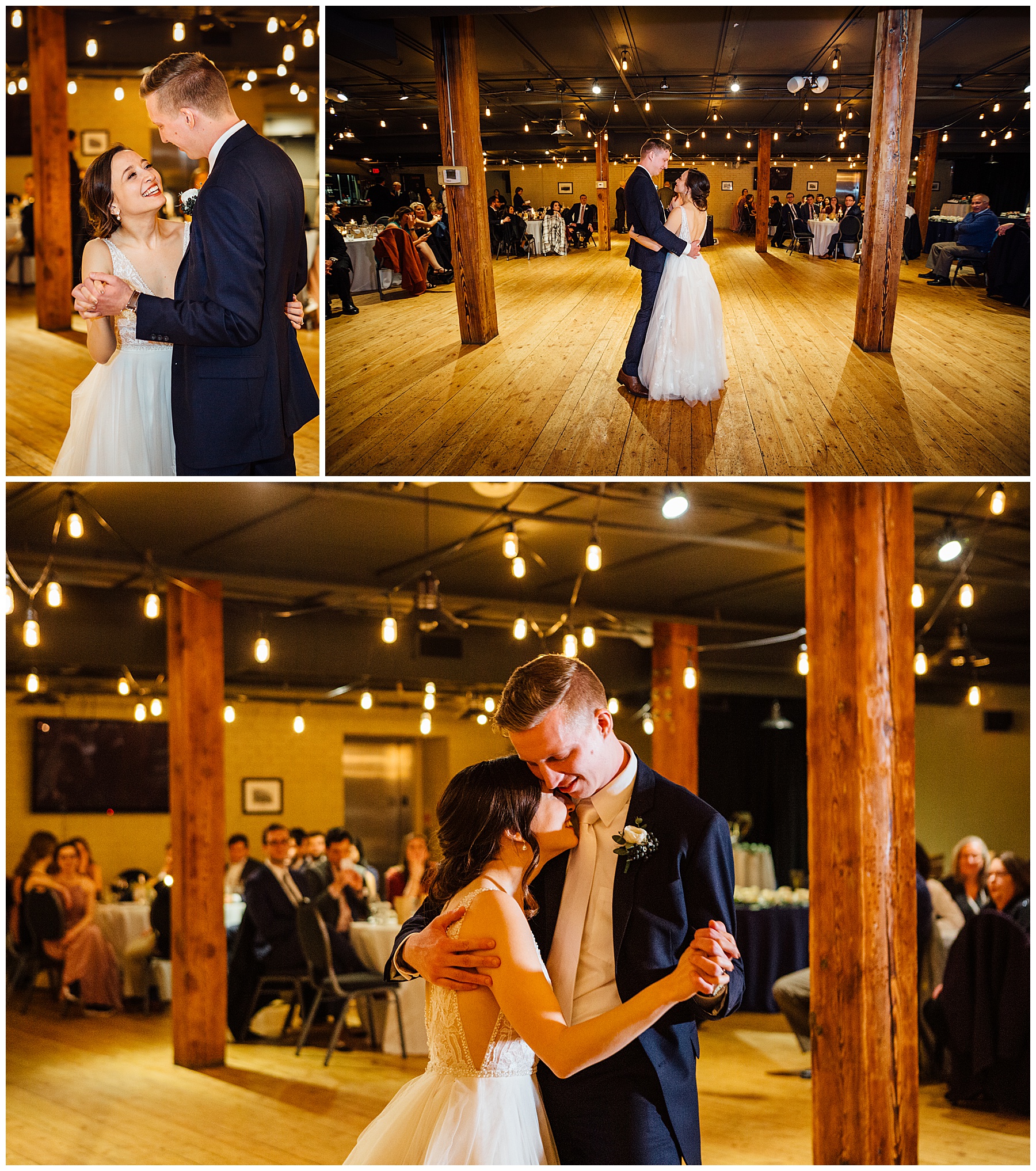 Bride and groom first dance at Old Mattress factory reception