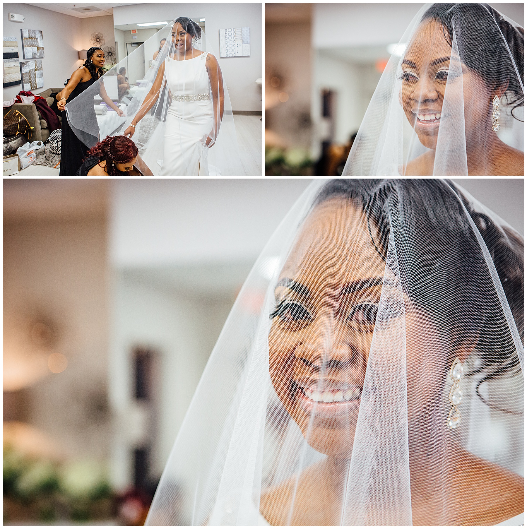 Bride smiling through veil while getting ready