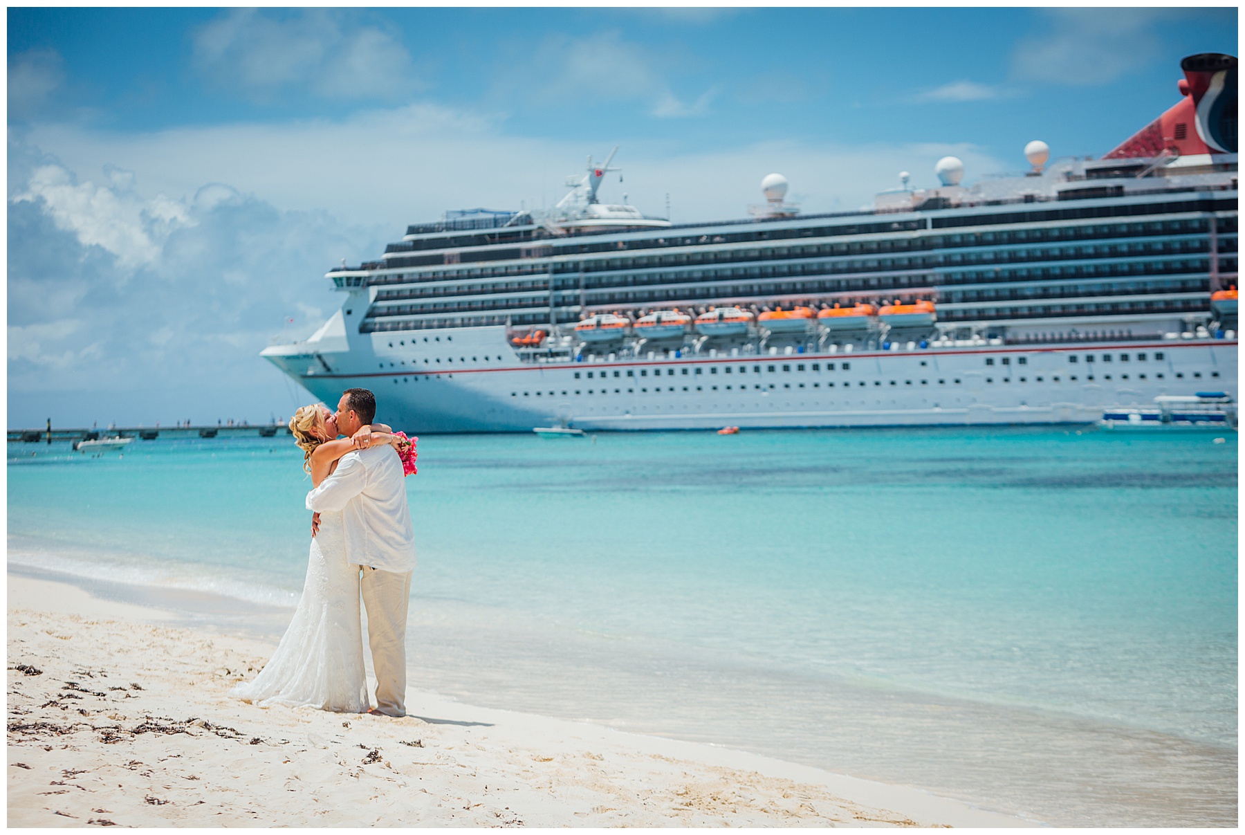 Bride and Groom kissing on beach in Turks and Ciacos
