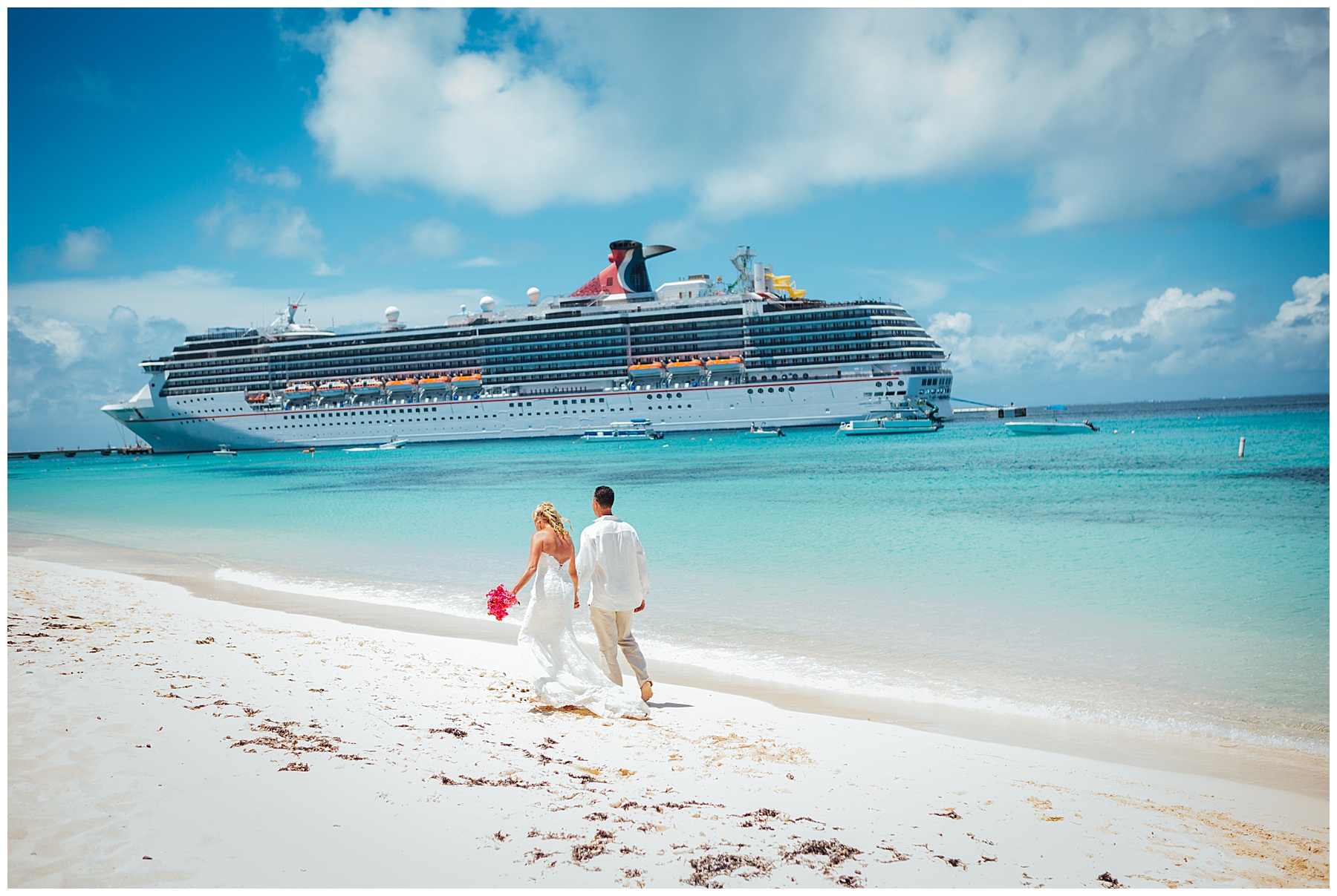 Bride and Groom with Cruise ship in background