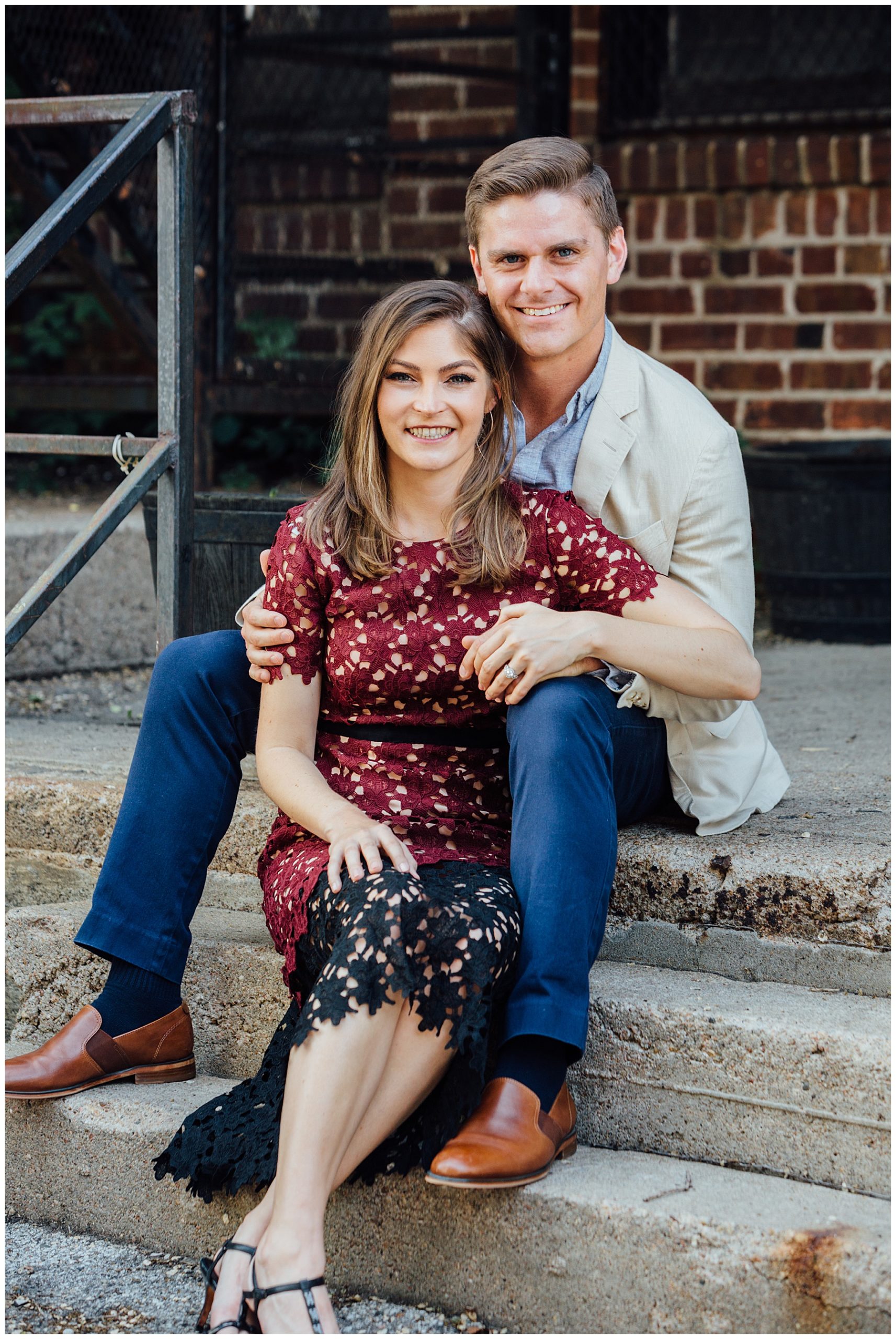 Old Market engagement photos with couple sitting on steps