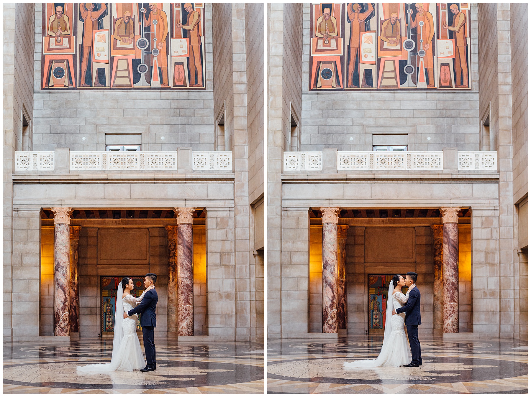Bride and Groom kissing at State Capitol in Lincoln